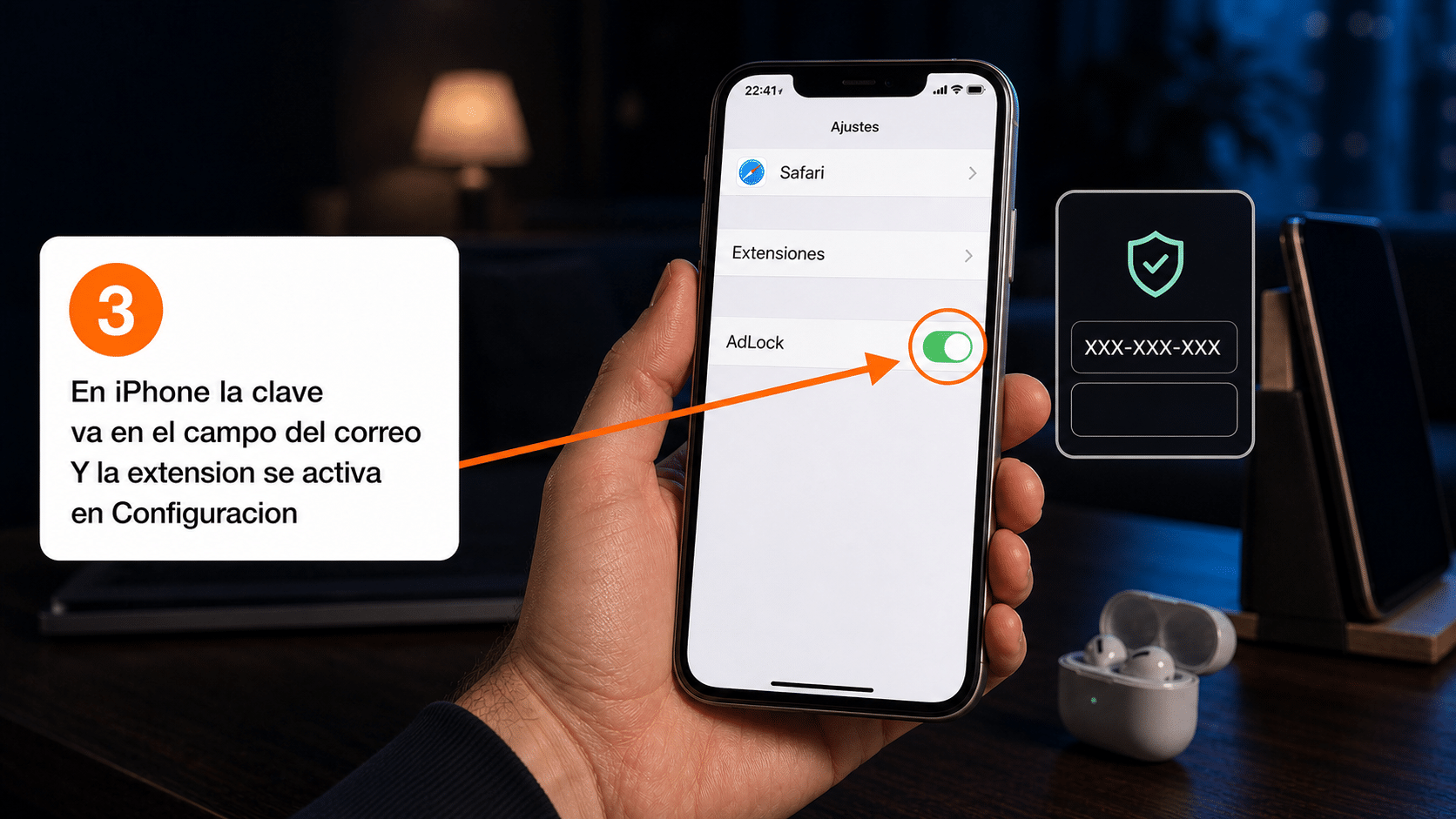 Ajustes de iPhone activando la extensión de AdLock en Safari