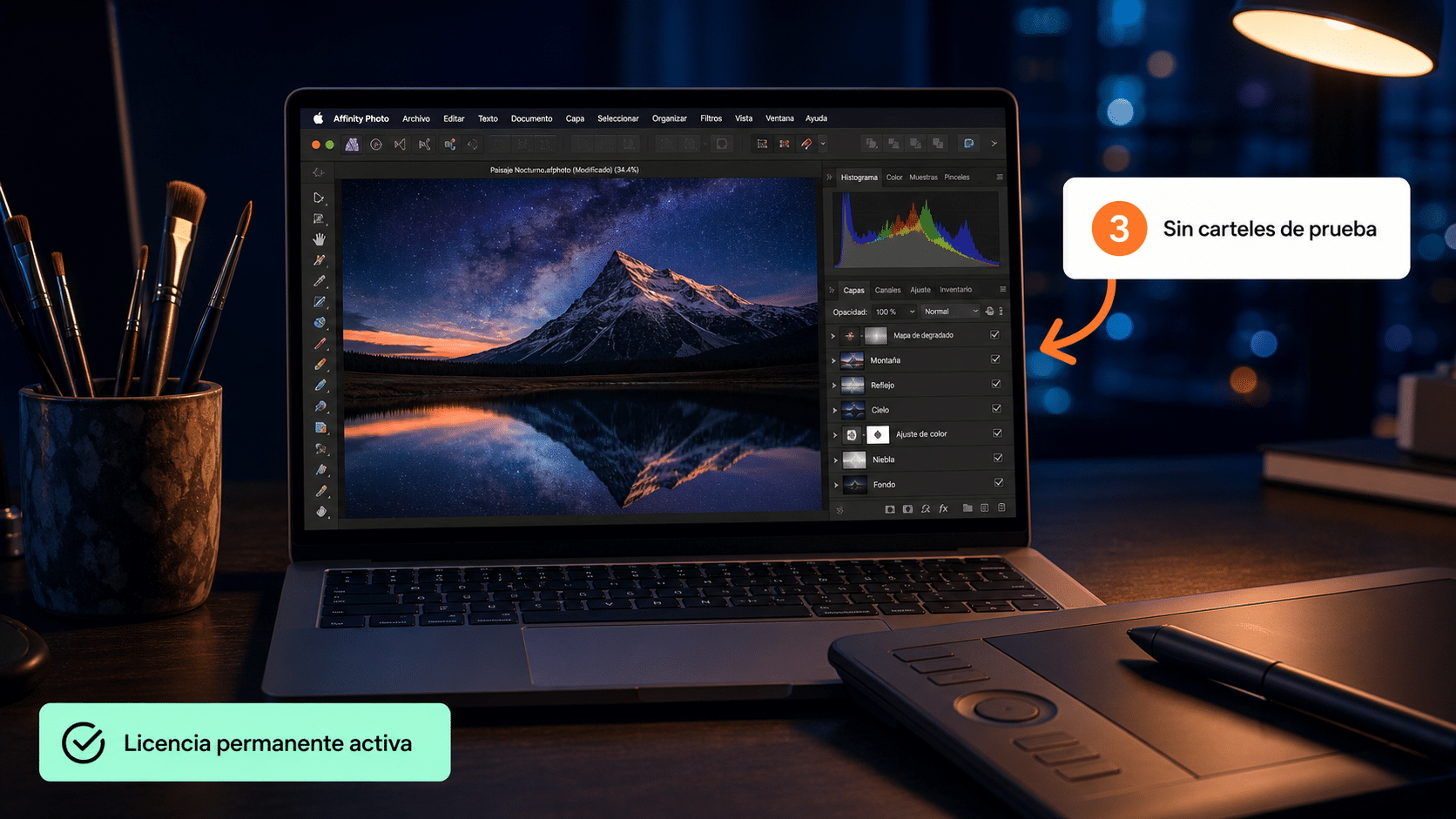 Affinity Photo funcionando sin carteles de prueba, con la licencia permanente activa