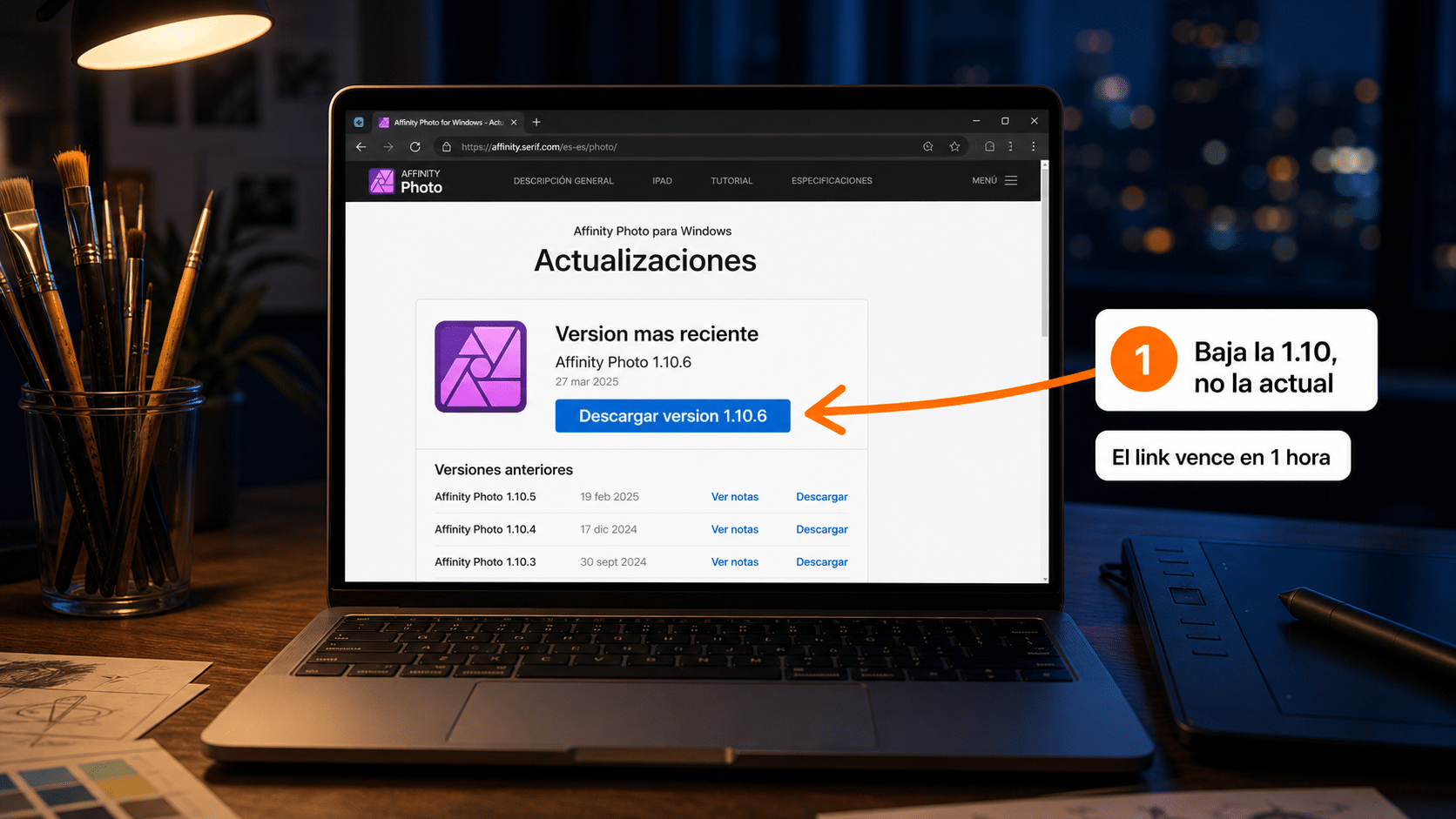 Centro de descargas oficial de Affinity con la versión 1.10 lista para descargar