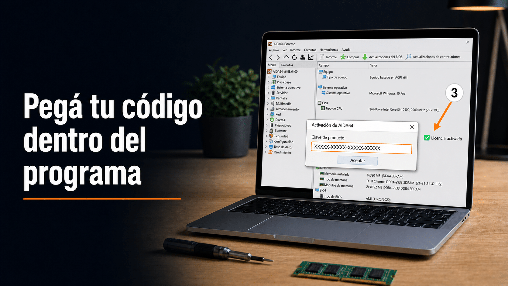 Ventana de activación de AIDA64 con la licencia activada dentro del programa