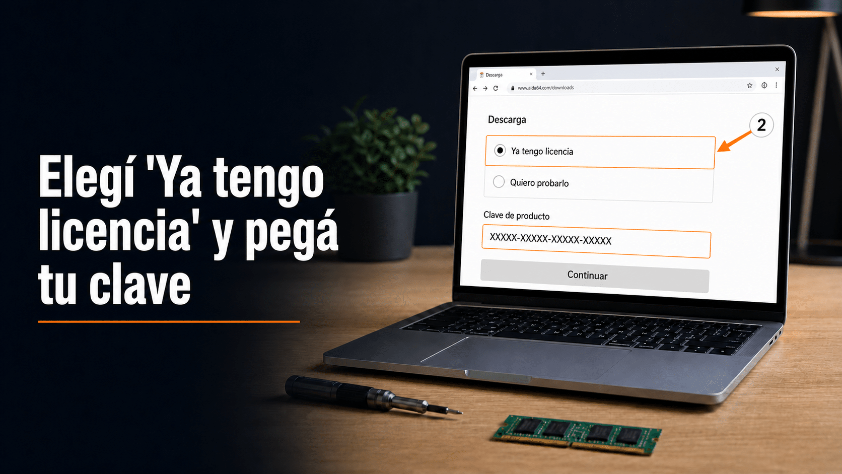 Página de descarga de AIDA64 con la opción Ya tengo licencia y el campo de clave de producto