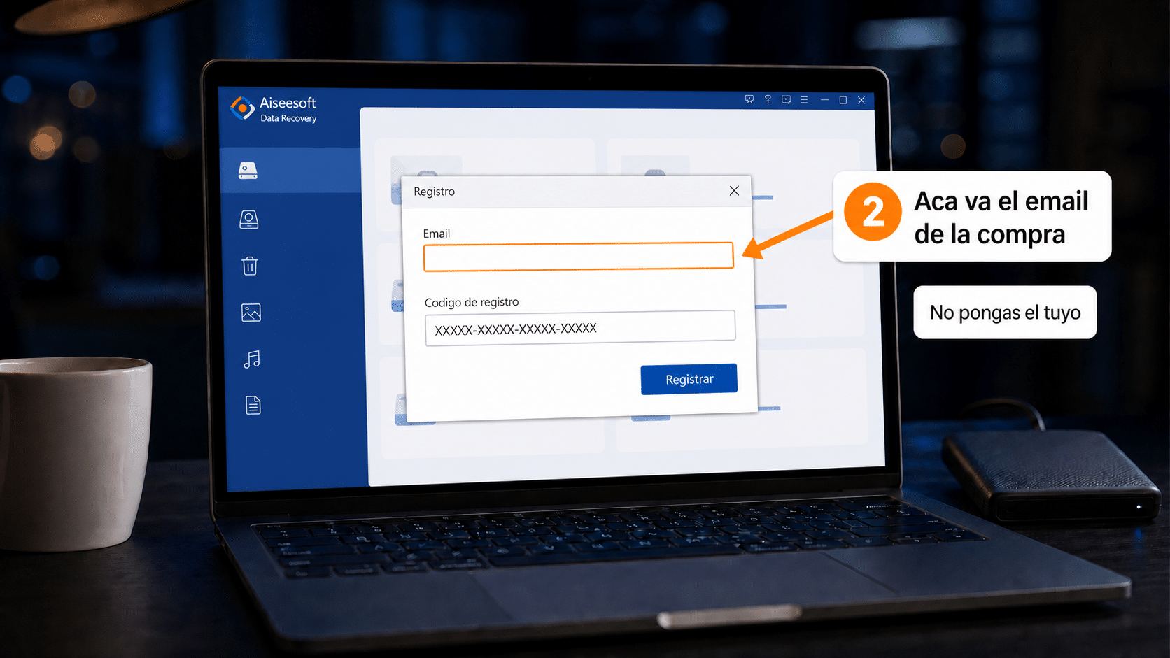 Ventana de registro de Aiseesoft con el campo de email de la compra resaltado