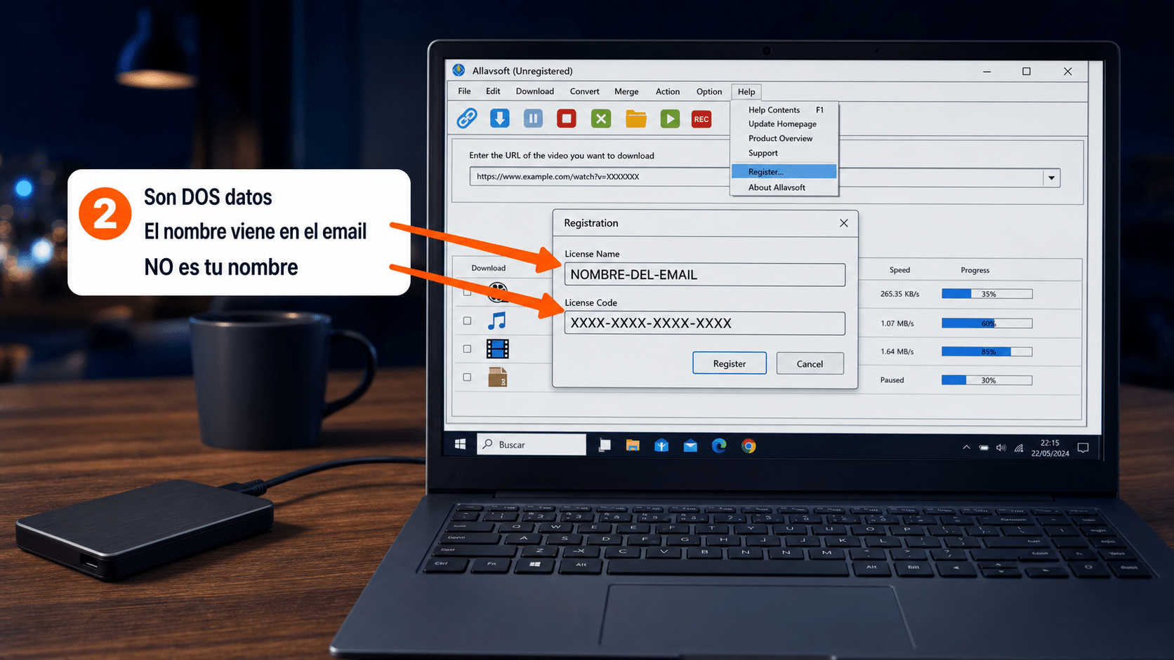 Ventana Registration de Allavsoft con los campos License Name y License Code