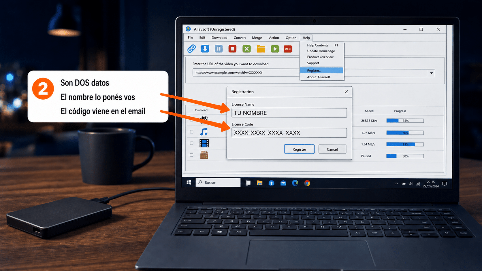 Ventana Registration de Allavsoft: en License Name va tu propio nombre y en License Code el codigo del email