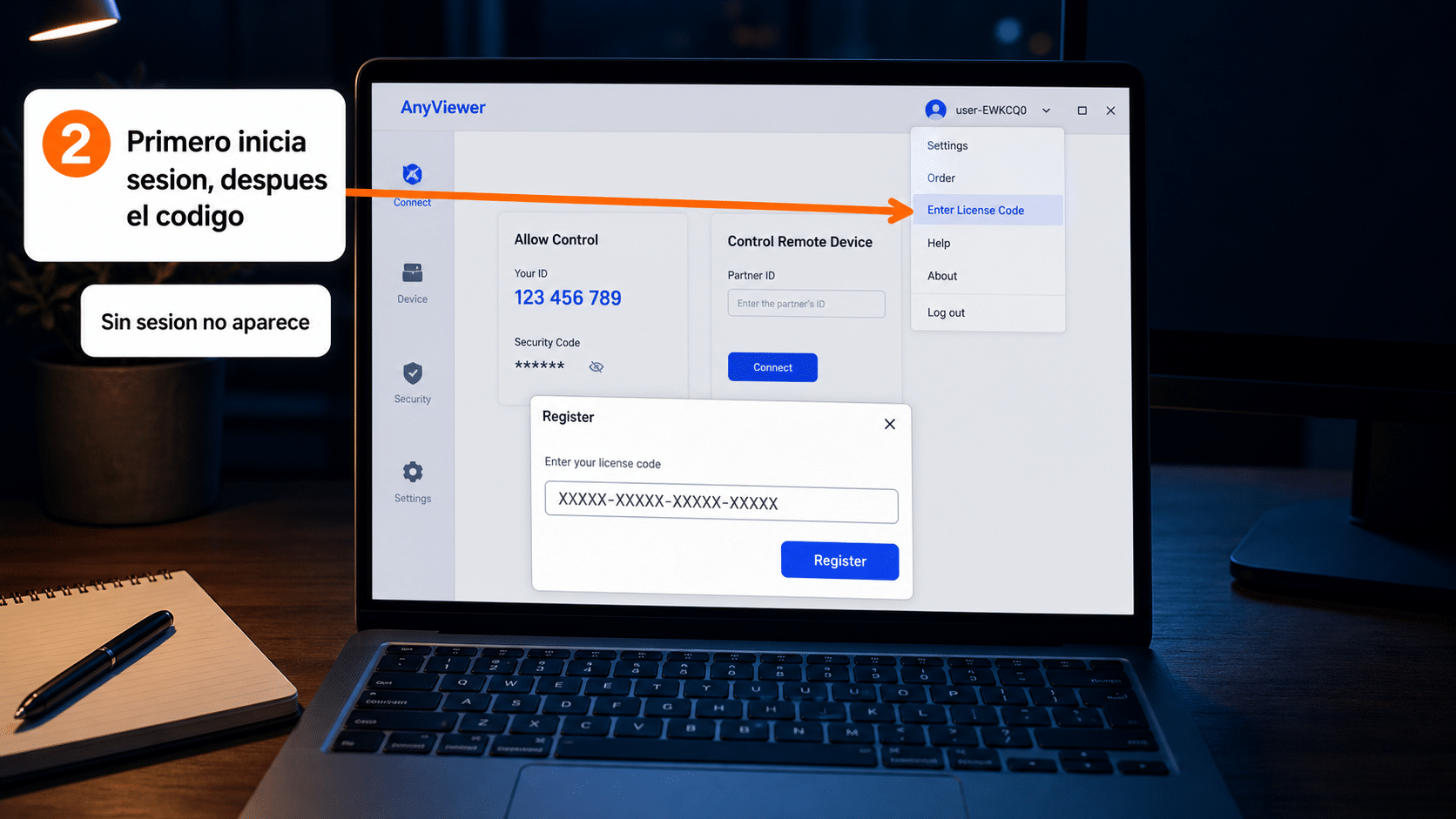 Menú de usuario de AnyViewer con la opción Enter License Code