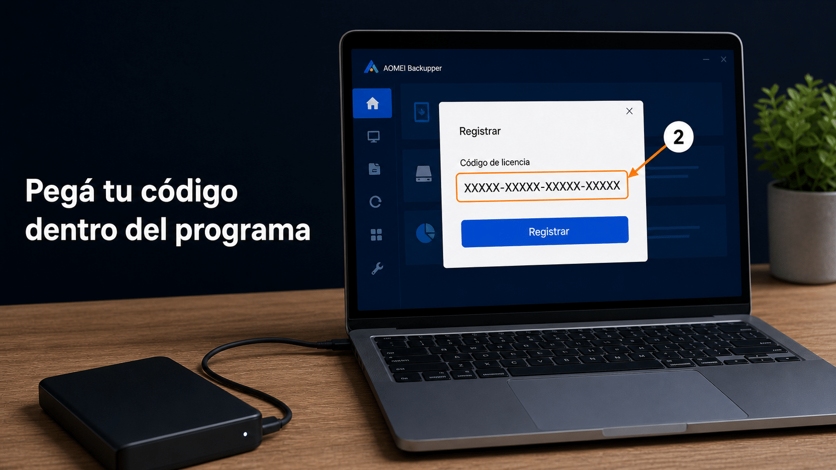 Ventana Registrar de AOMEI para pegar el código de licencia dentro del programa