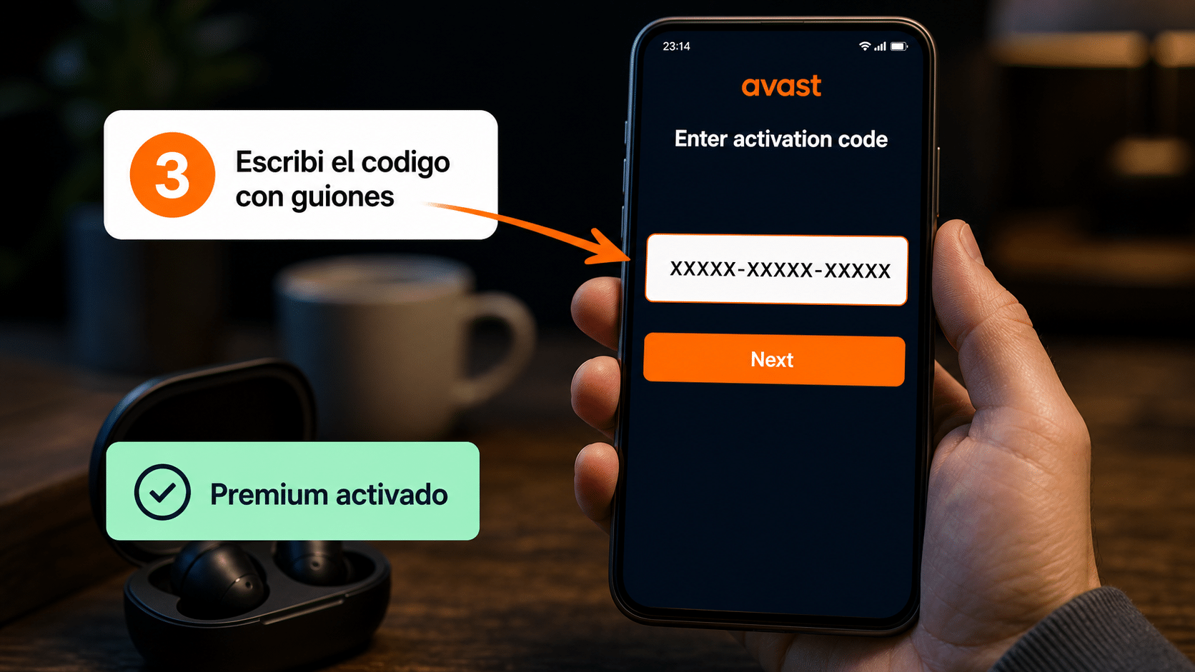 Pantalla de Avast en Android para escribir el código de activación con guiones
