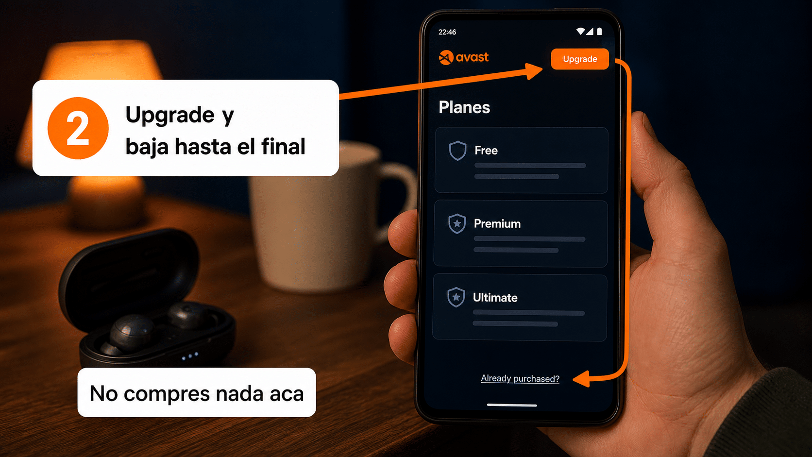 Pantalla de planes de Avast en Android con el botón Upgrade y el enlace Already purchased al final