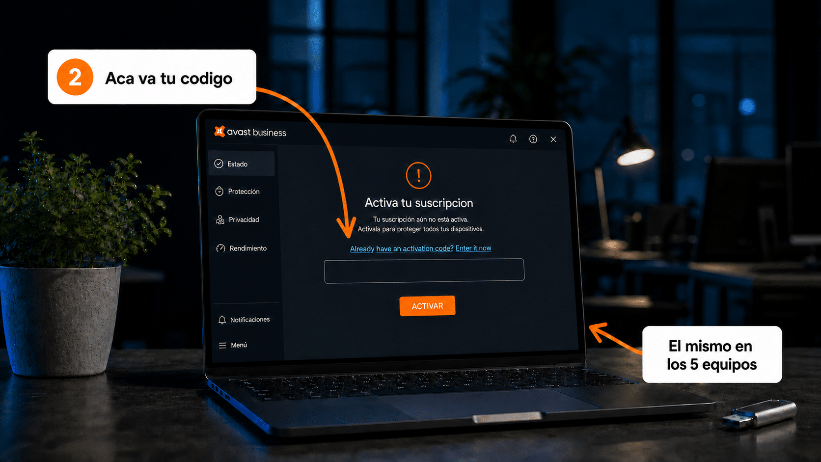 Cliente de Avast Business con el enlace para ingresar el código de activación