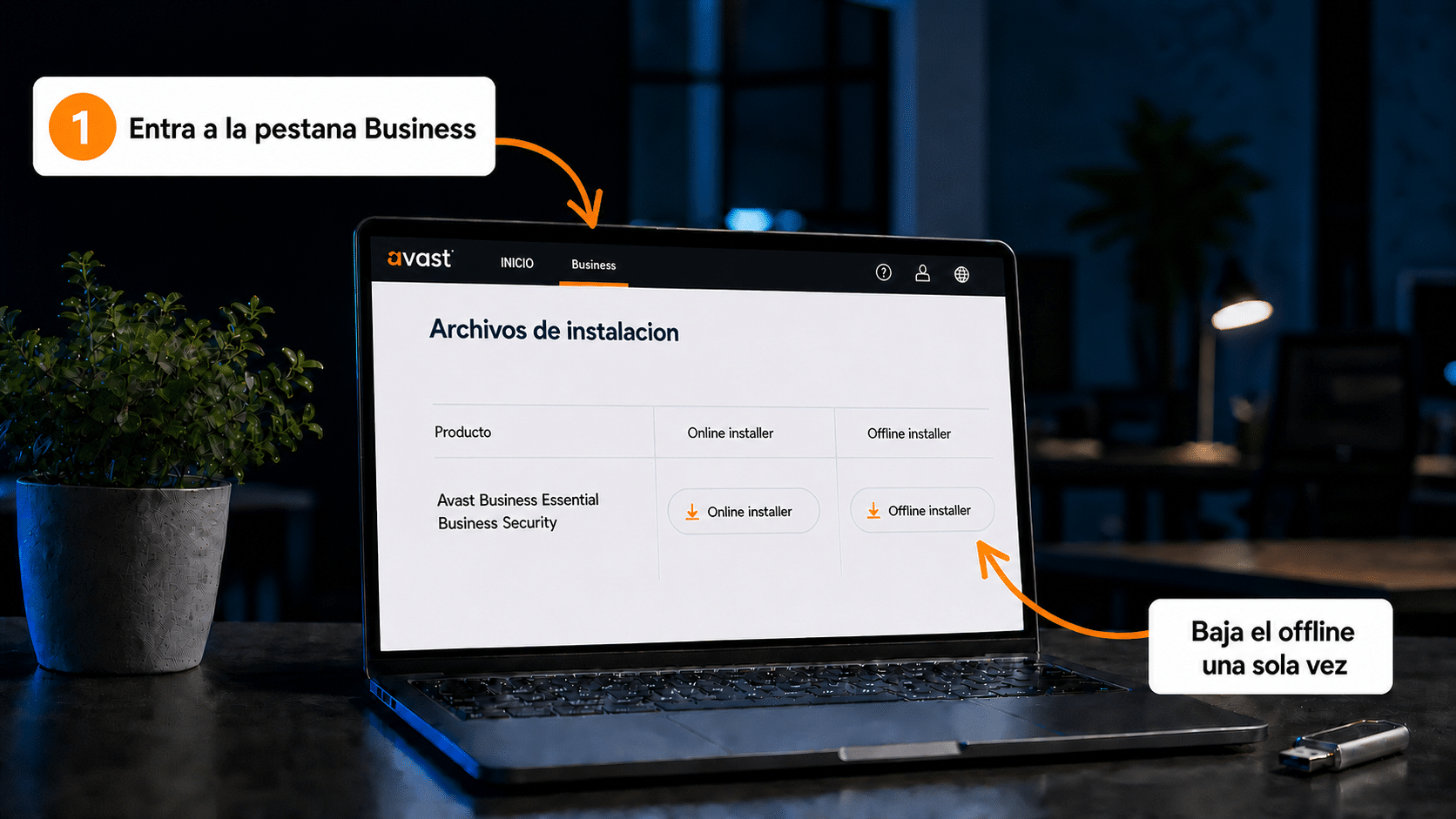 Página de archivos de instalación de Avast con la pestaña Business y los instaladores online y offline