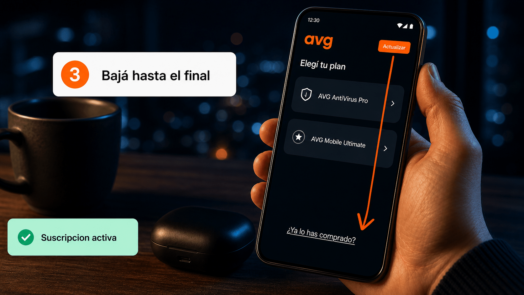 Pantalla de planes de AVG en Android con el enlace ¿Ya lo has comprado? al final