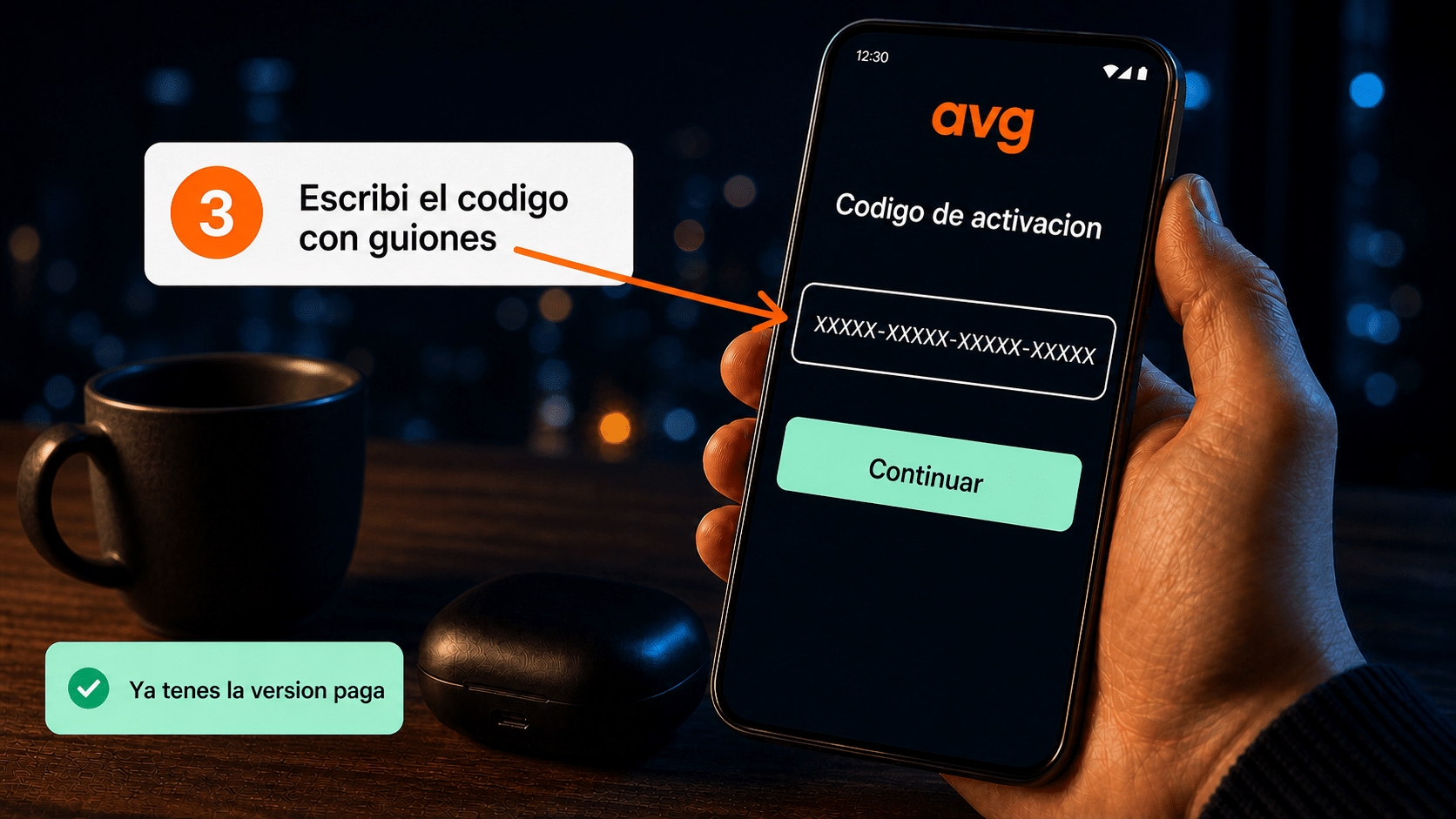 Pantalla de AVG en Android para escribir el código de activación con guiones