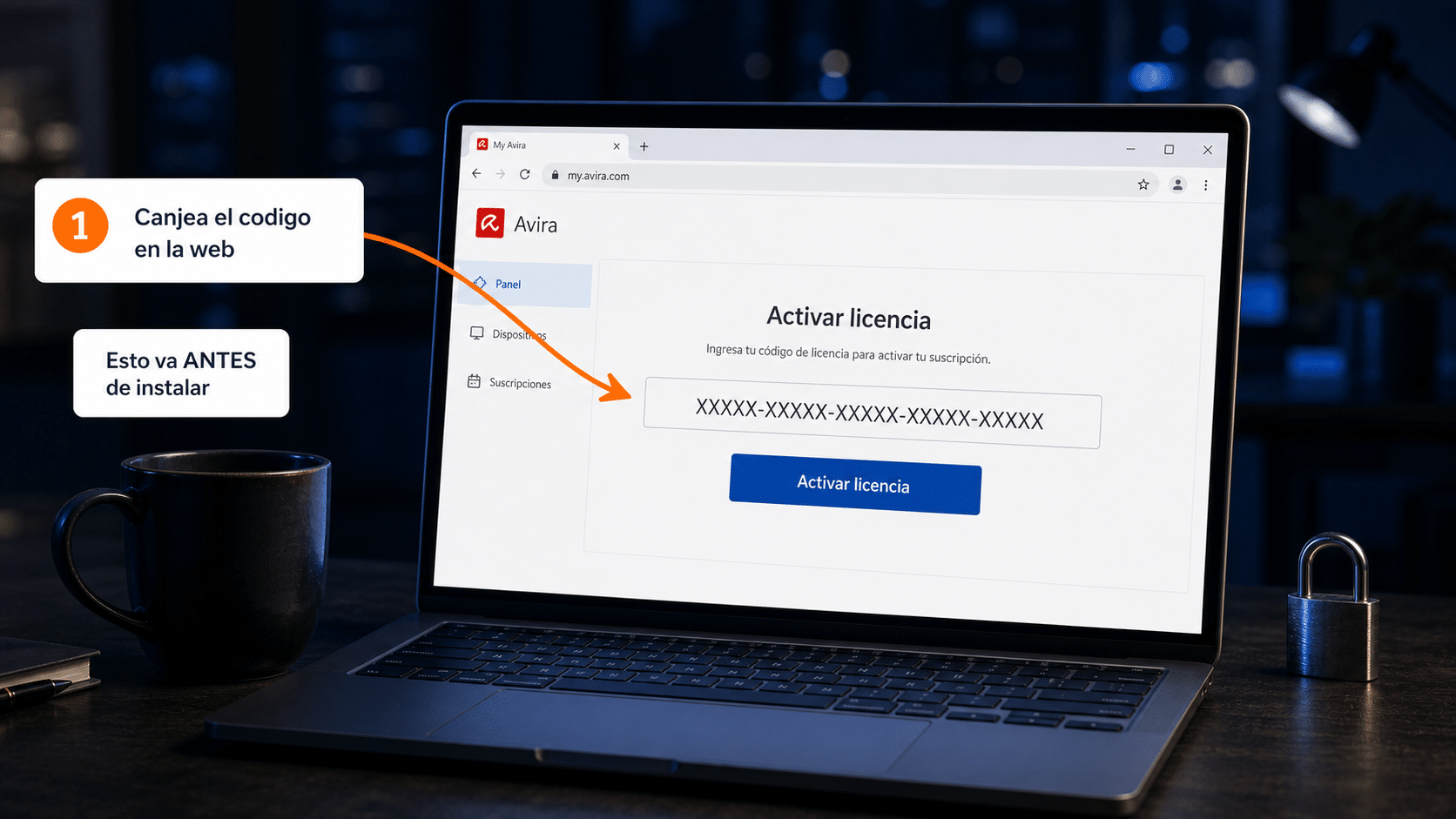 Cuenta de Avira con el campo para canjear el código de activación