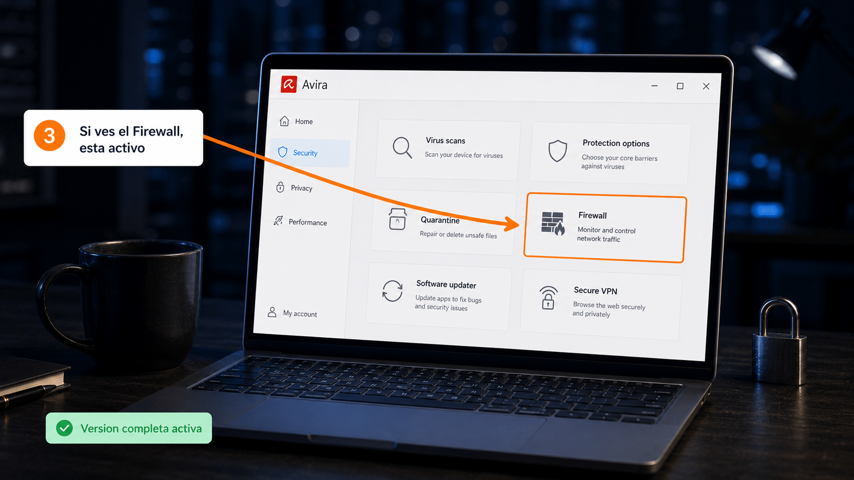 Sección Security de Avira con el módulo Firewall habilitado
