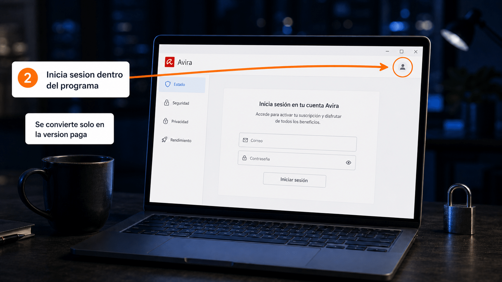 App de Avira con el icono de cuenta y el panel de inicio de sesión