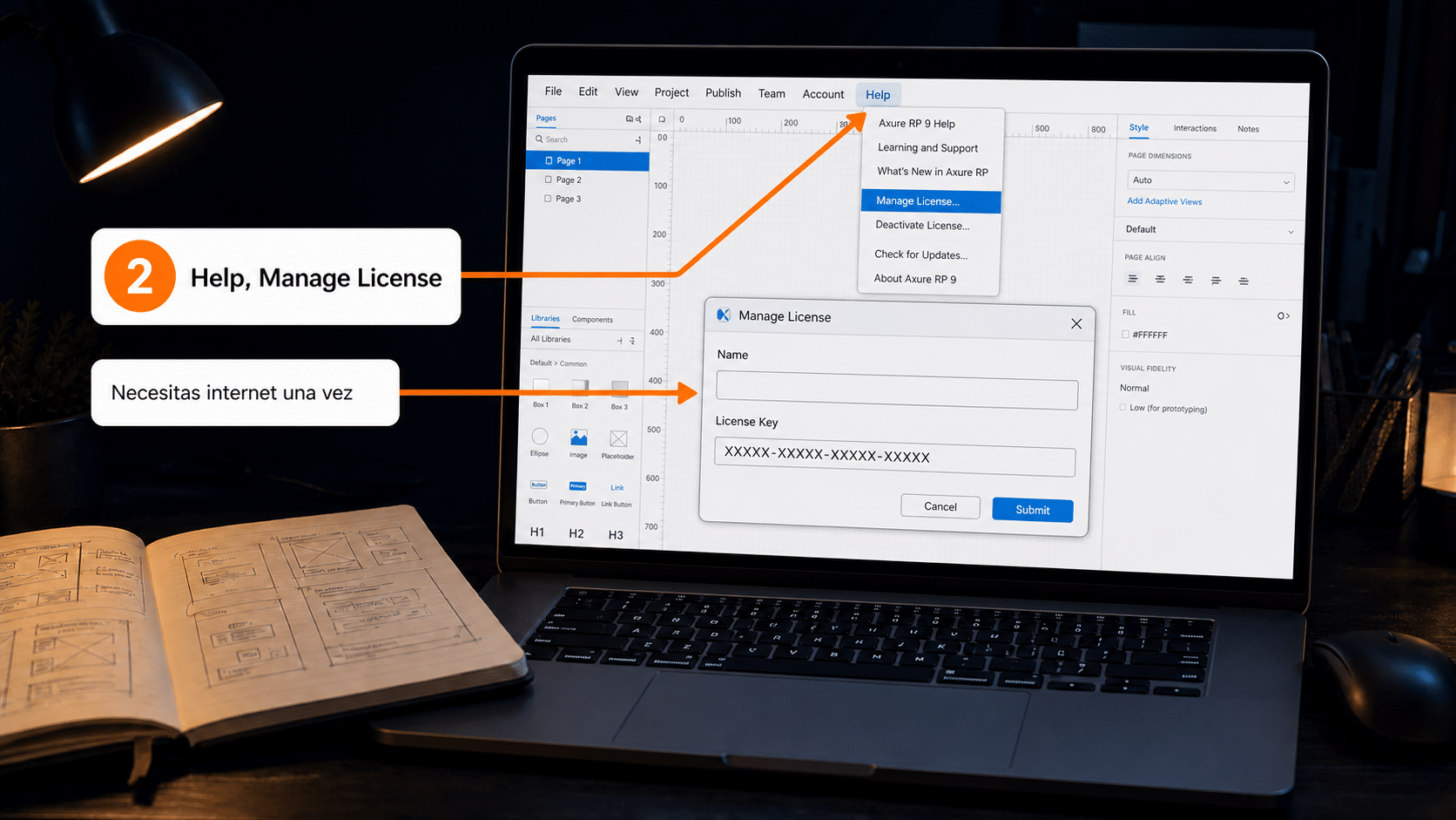 Menú Help de Axure RP 9 con Manage License y el cuadro para ingresar la clave