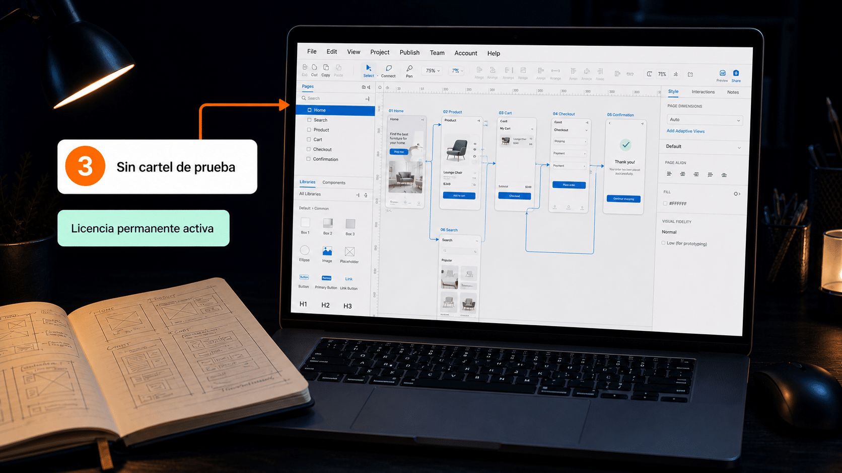 Axure RP 9 trabajando en un prototipo, sin carteles de prueba