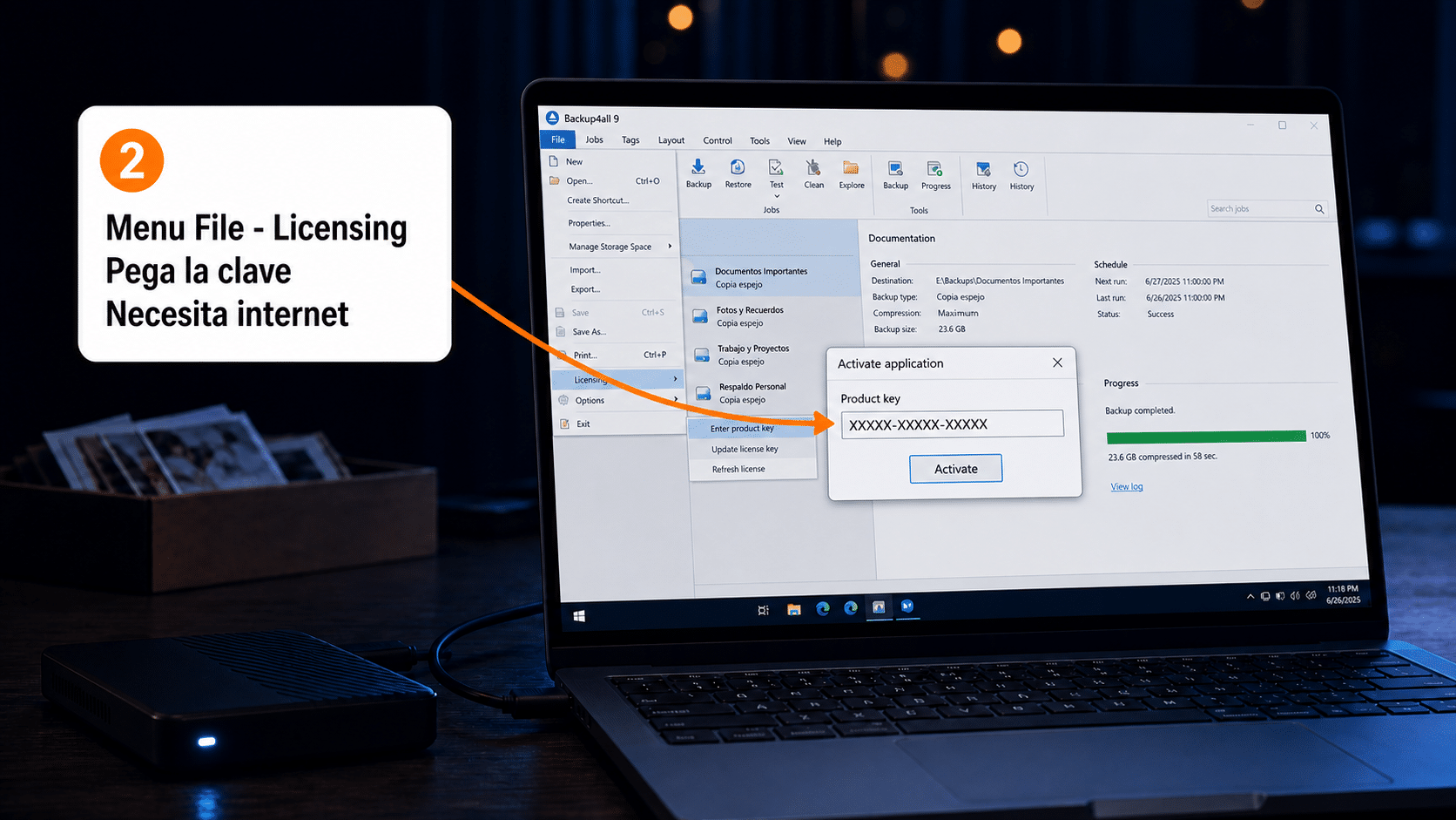 Ventana de licencia de Backup4all con el campo para la clave de producto