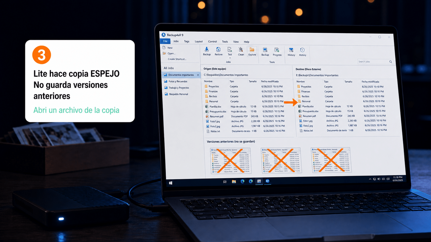 Trabajo de copia de seguridad de Backup4all ejecutándose hacia un disco externo