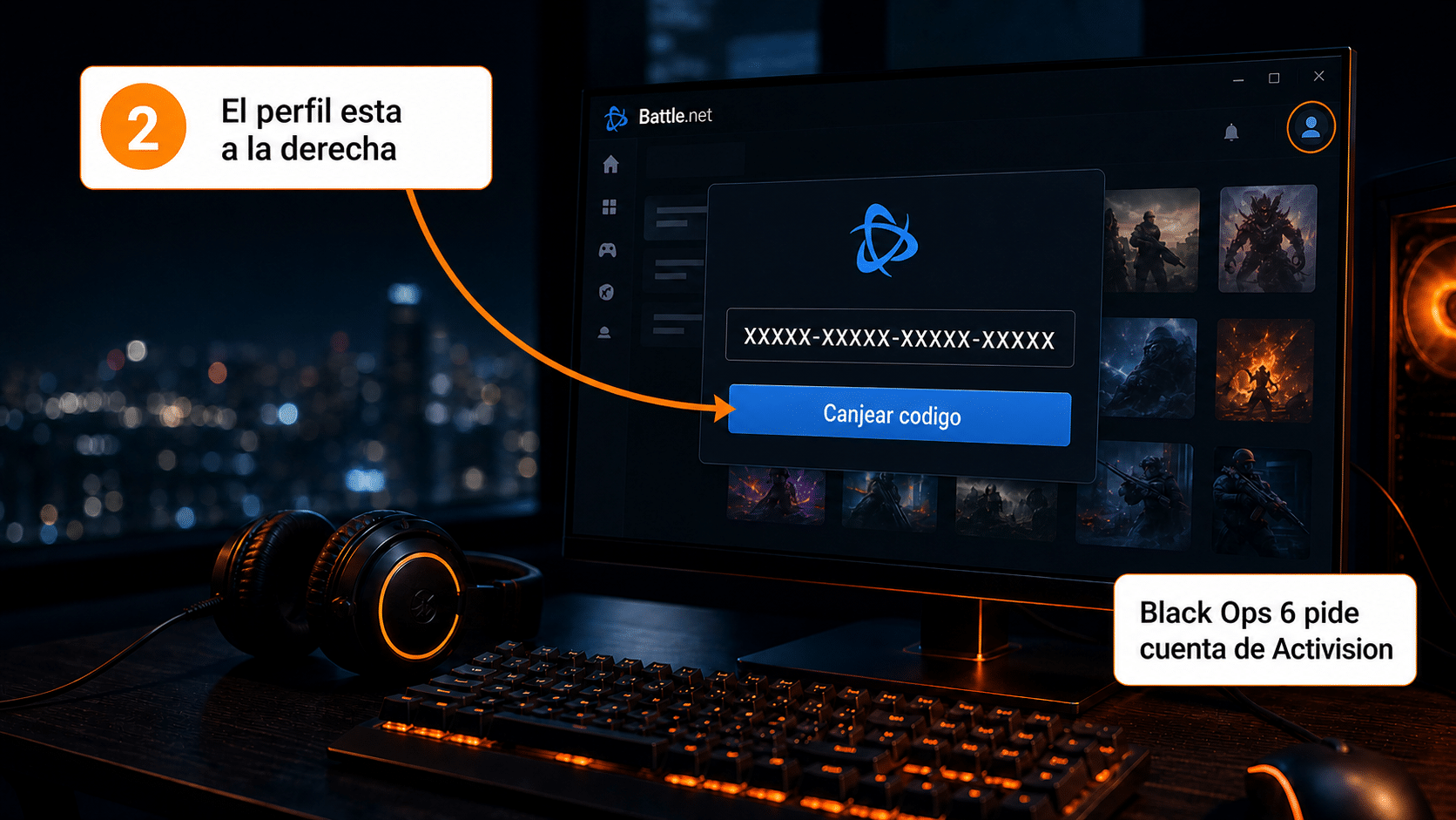 Battle.net con el panel de canjear código y el perfil arriba a la derecha