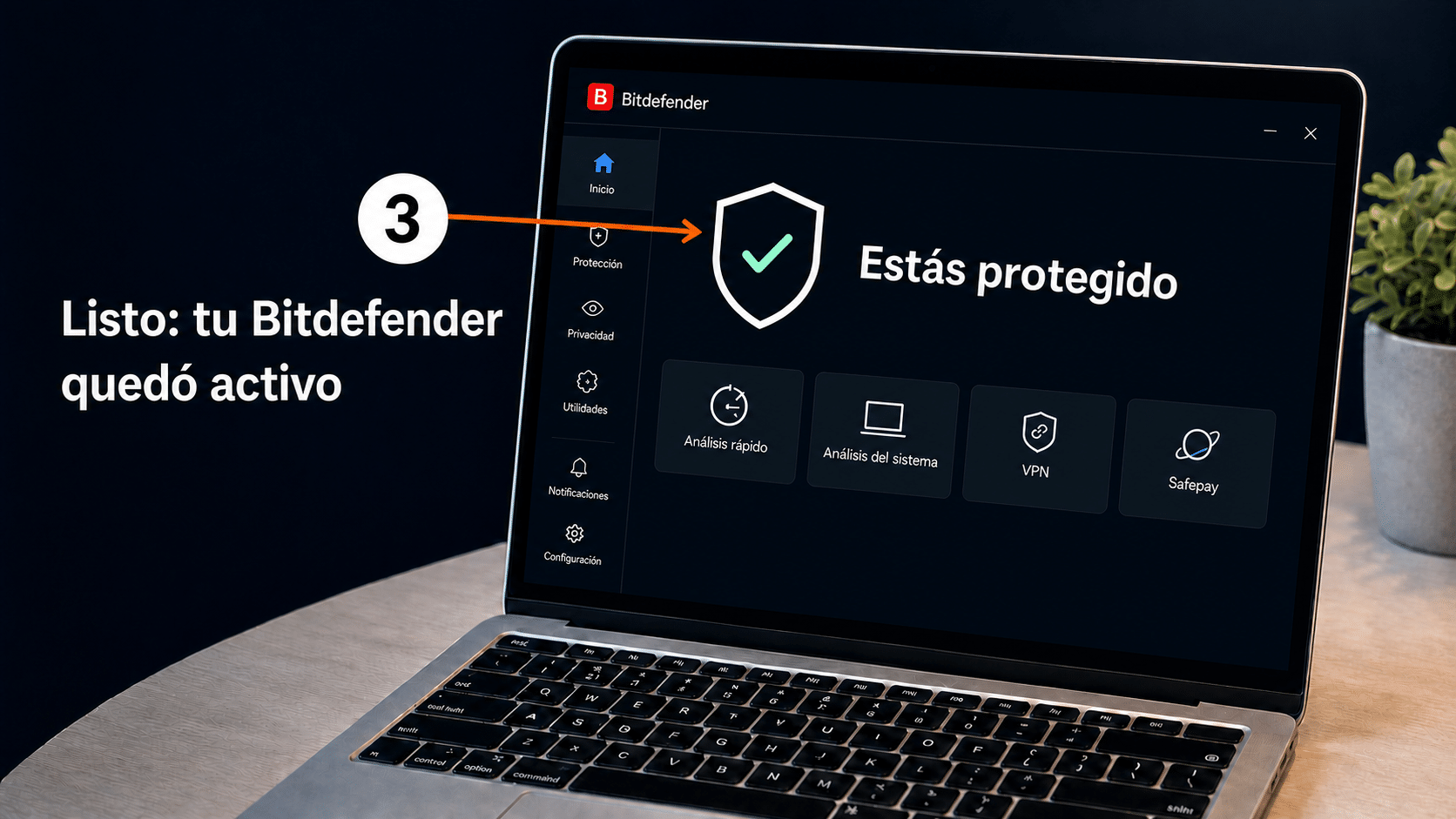 Panel de Bitdefender mostrando el estado protegido con la licencia activa