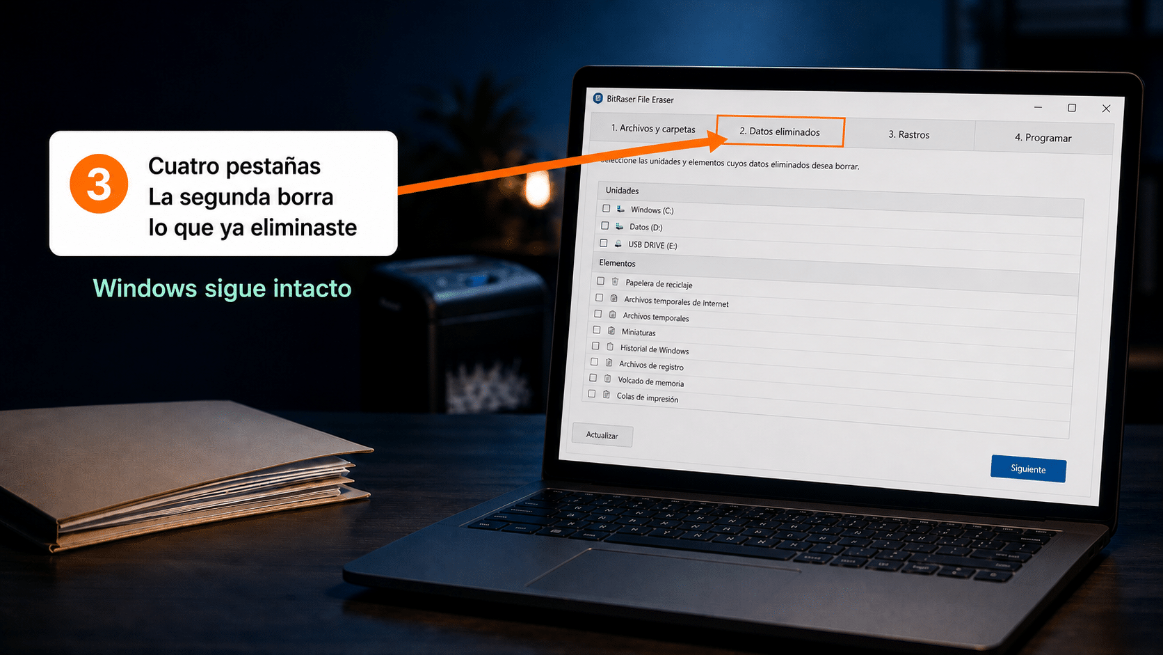 Las cuatro pestañas de BitRaser File Eraser edición Standard