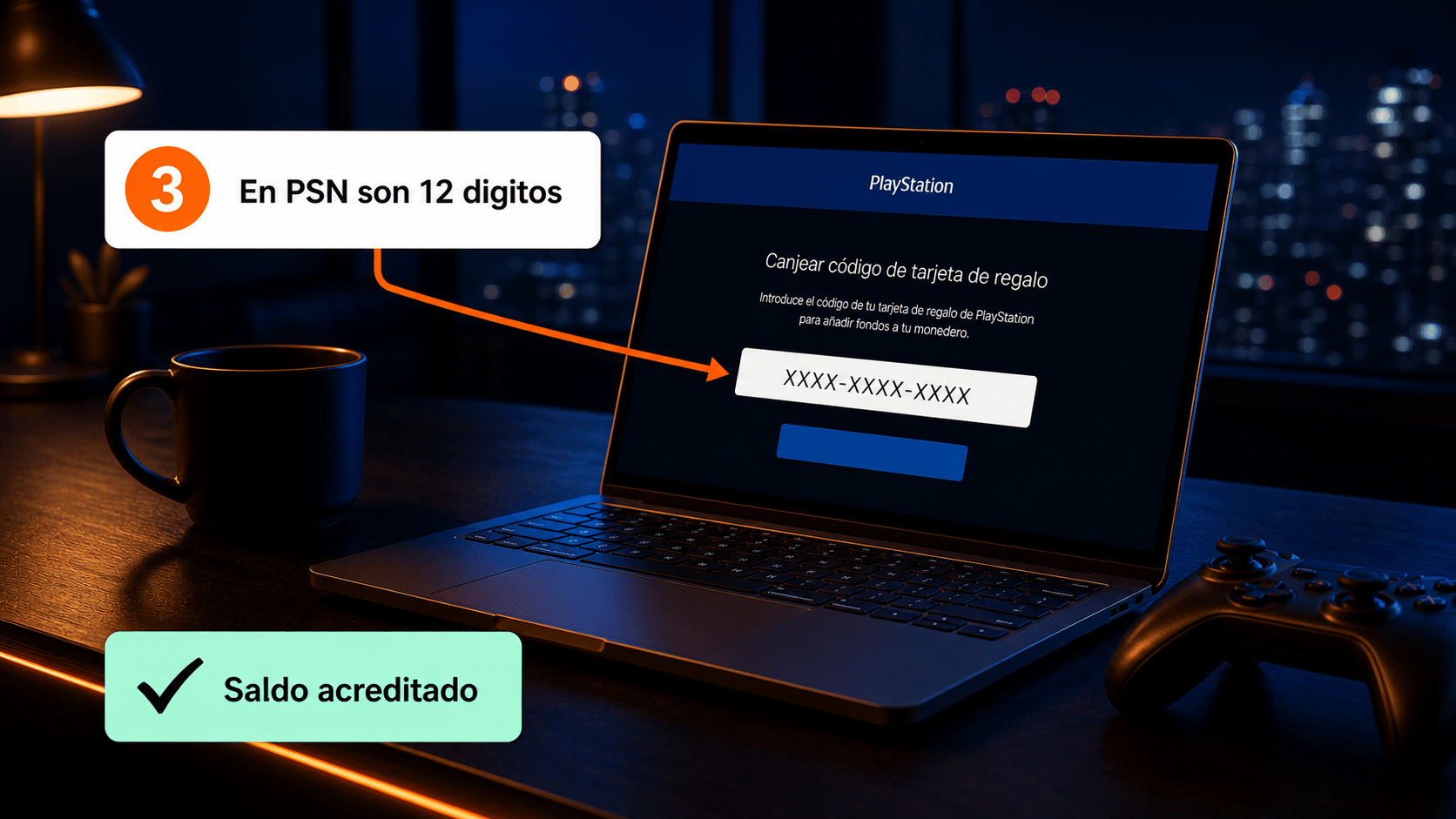 Pantalla de canje de PlayStation con el código de 12 dígitos y el saldo acreditado