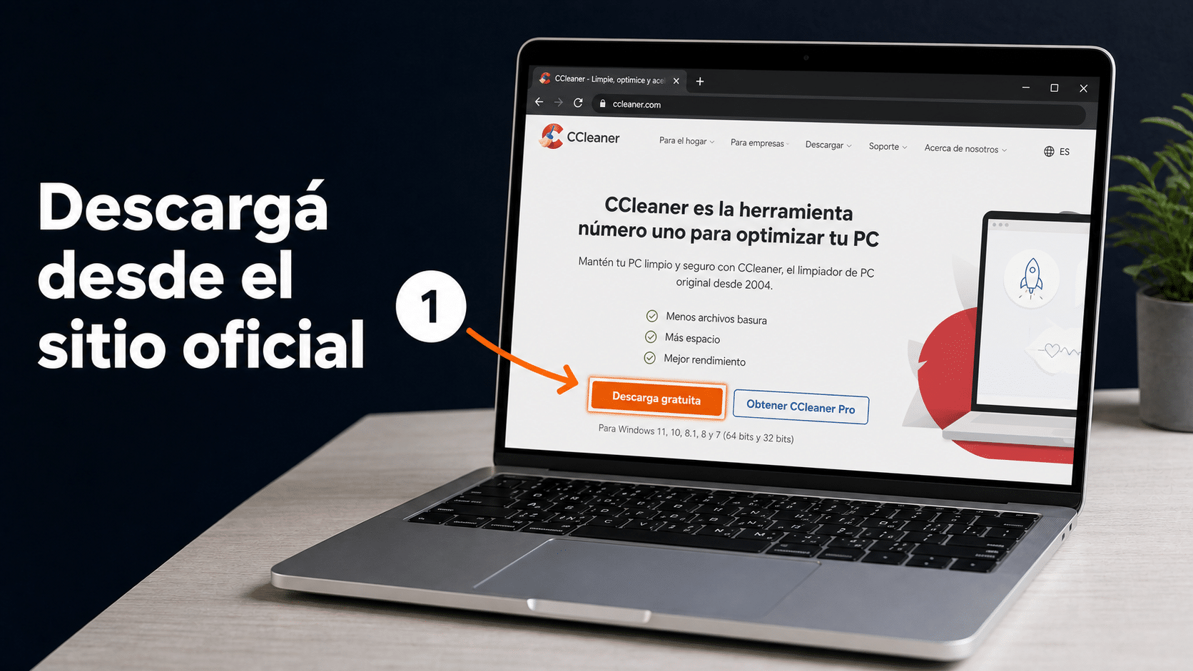 Sitio oficial de CCleaner con el botón de descarga gratuita del instalador