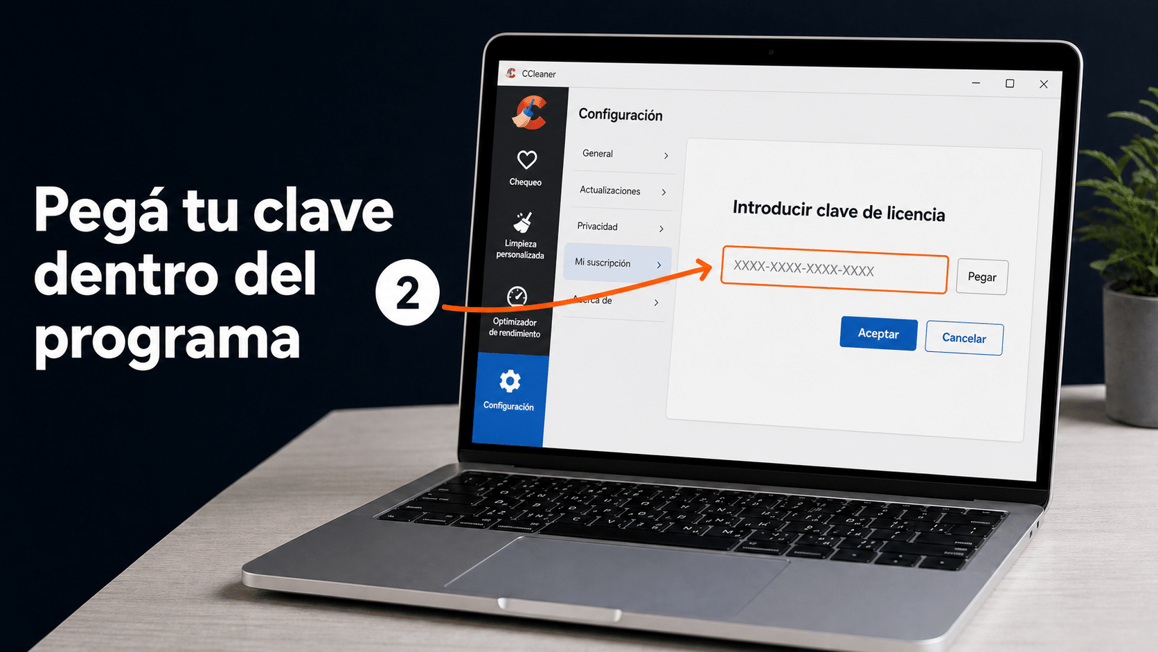 Pantalla de CCleaner en Configuración, Mi suscripción, para introducir la clave de licencia
