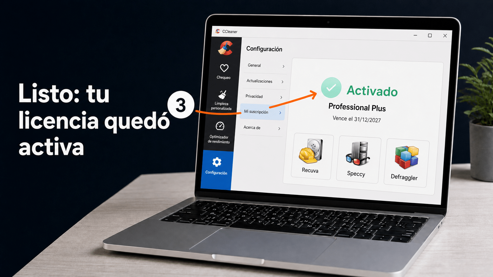 CCleaner activado mostrando Professional Plus con Recuva, Speccy y Defraggler incluidos