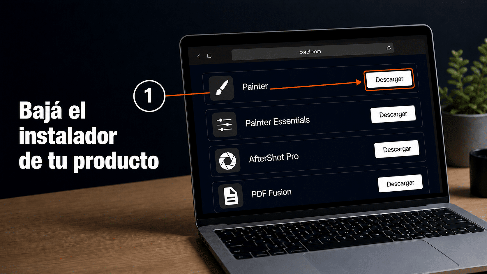 Sitio de Corel con la lista de programas y el botón de descarga de cada producto