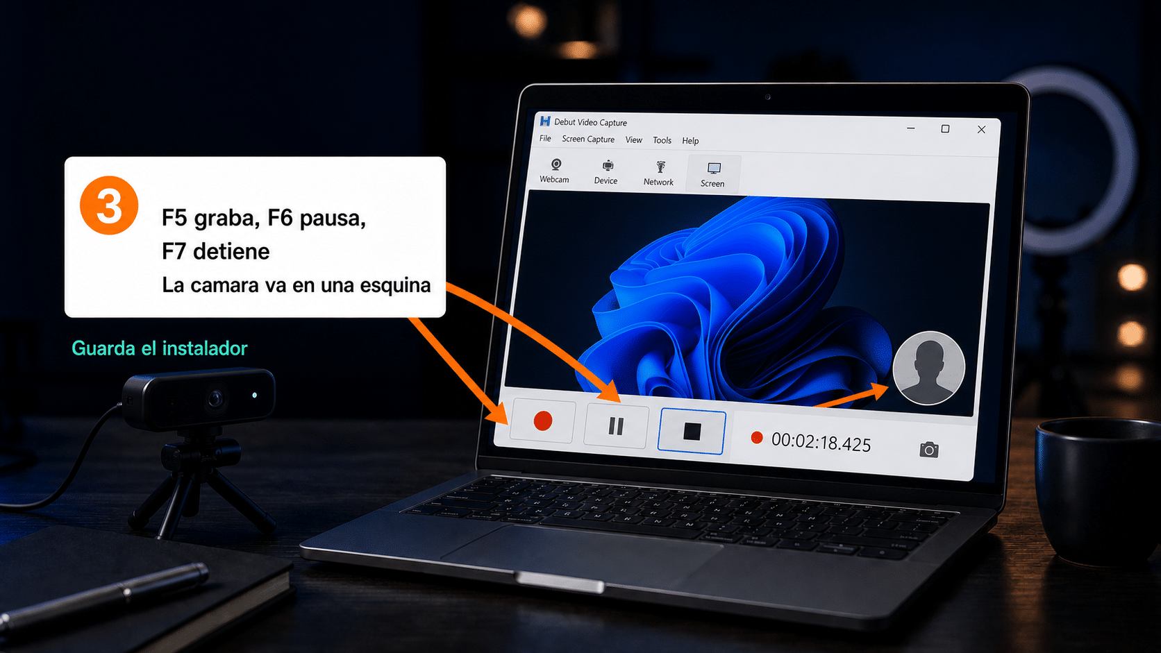 Debut Video Capture grabando pantalla con superposición de webcam