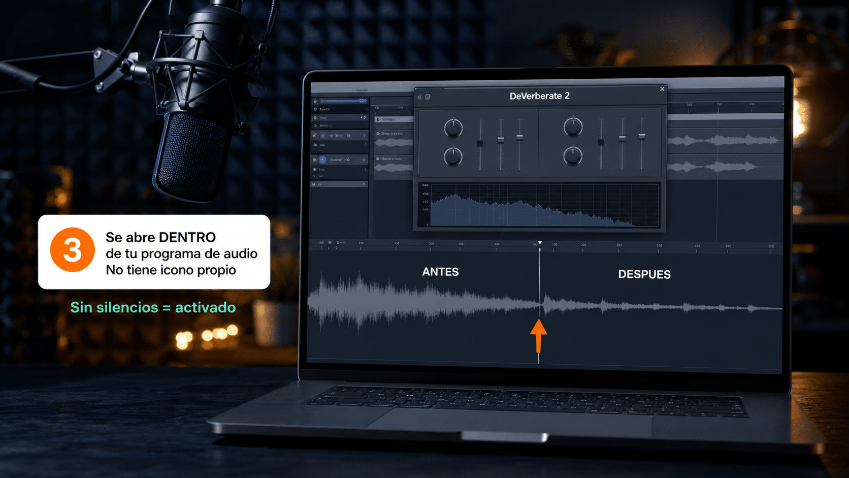 Interfaz de DeVerberate abierta dentro de un programa de audio, con los controles de reverberación
