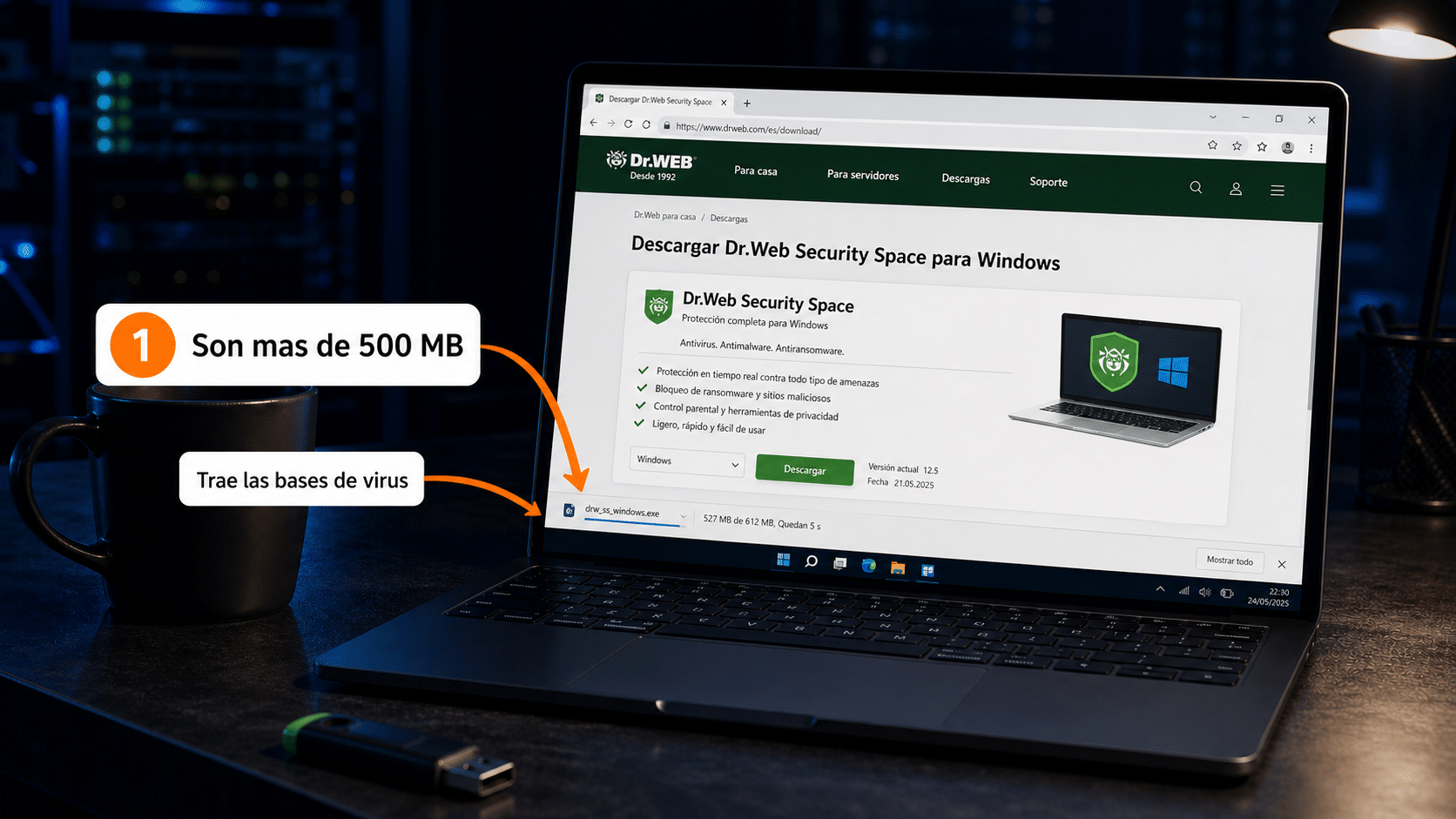 Descarga del instalador de Dr.Web, de más de 500 MB