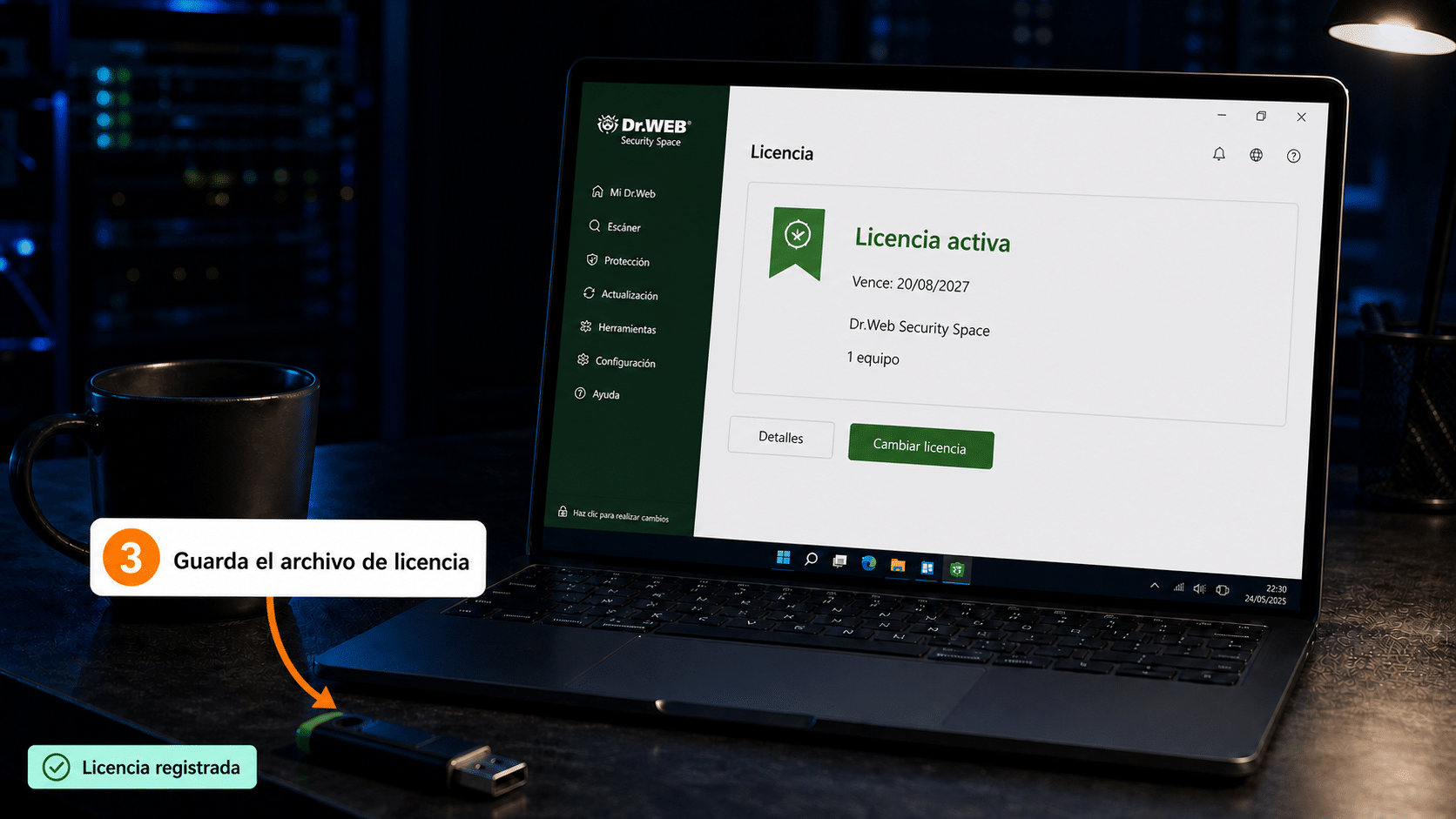 Panel de licencia de Dr.Web con la fecha de vencimiento
