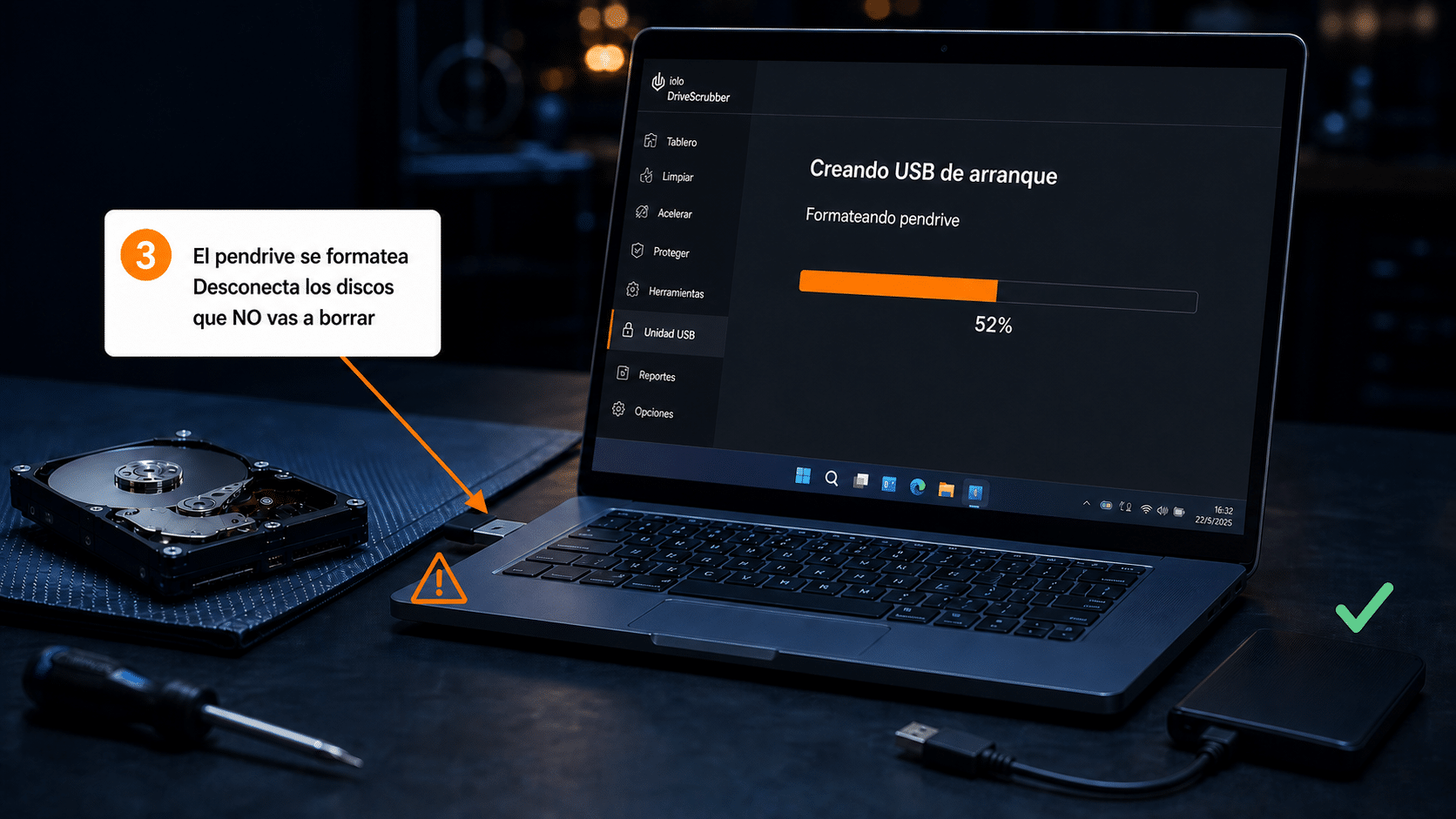 Pendrive de arranque de DriveScrubber en creación, con la advertencia de que se formatea