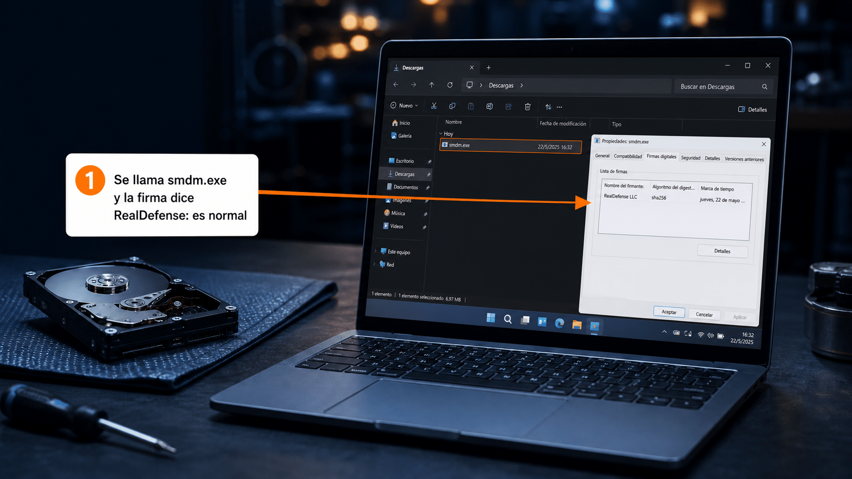 Archivo smdm.exe descargado con la firma digital de RealDefense LLC