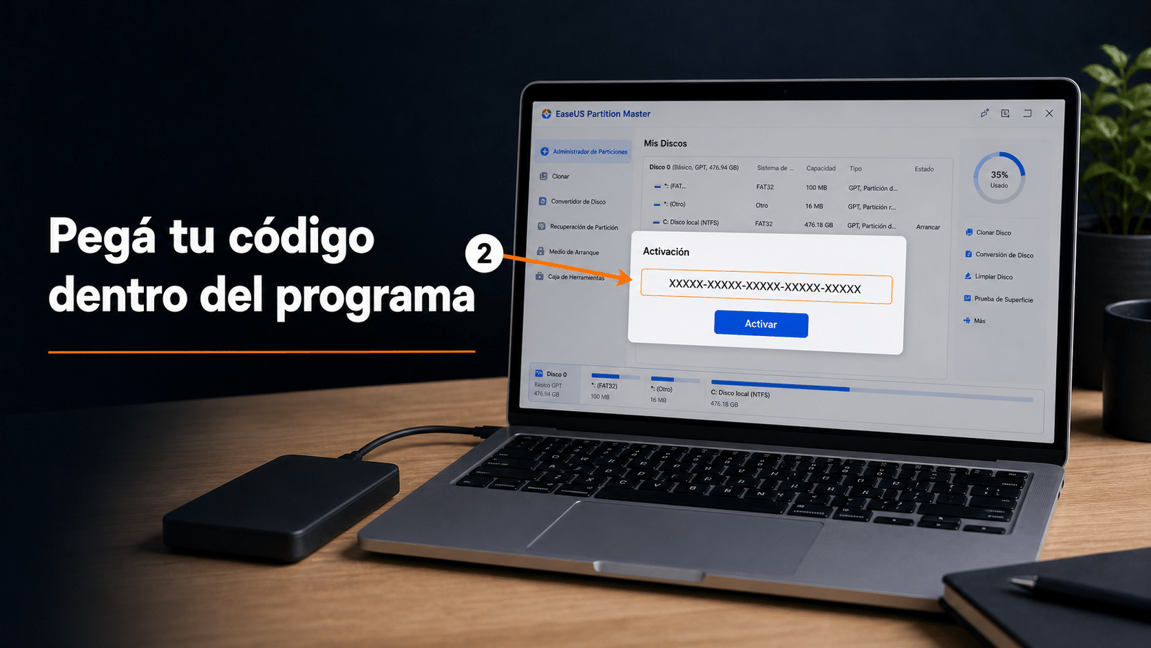 Ventana de activación de EaseUS para pegar el código de licencia dentro del programa