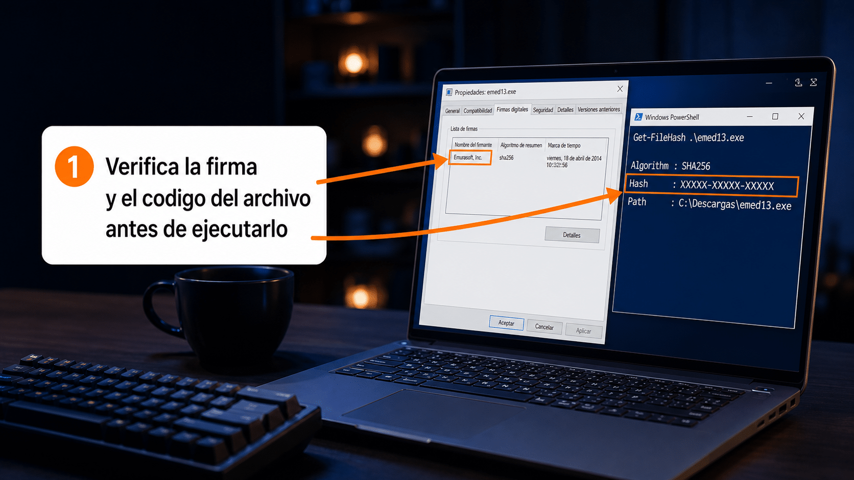 Propiedades del instalador de EmEditor mostrando la firma digital de Emurasoft