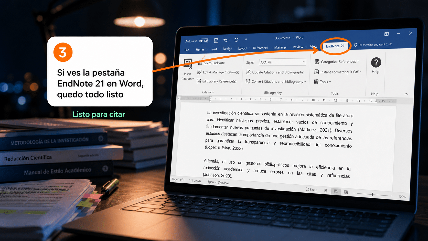 Pestaña EndNote 21 visible en la cinta de Microsoft Word