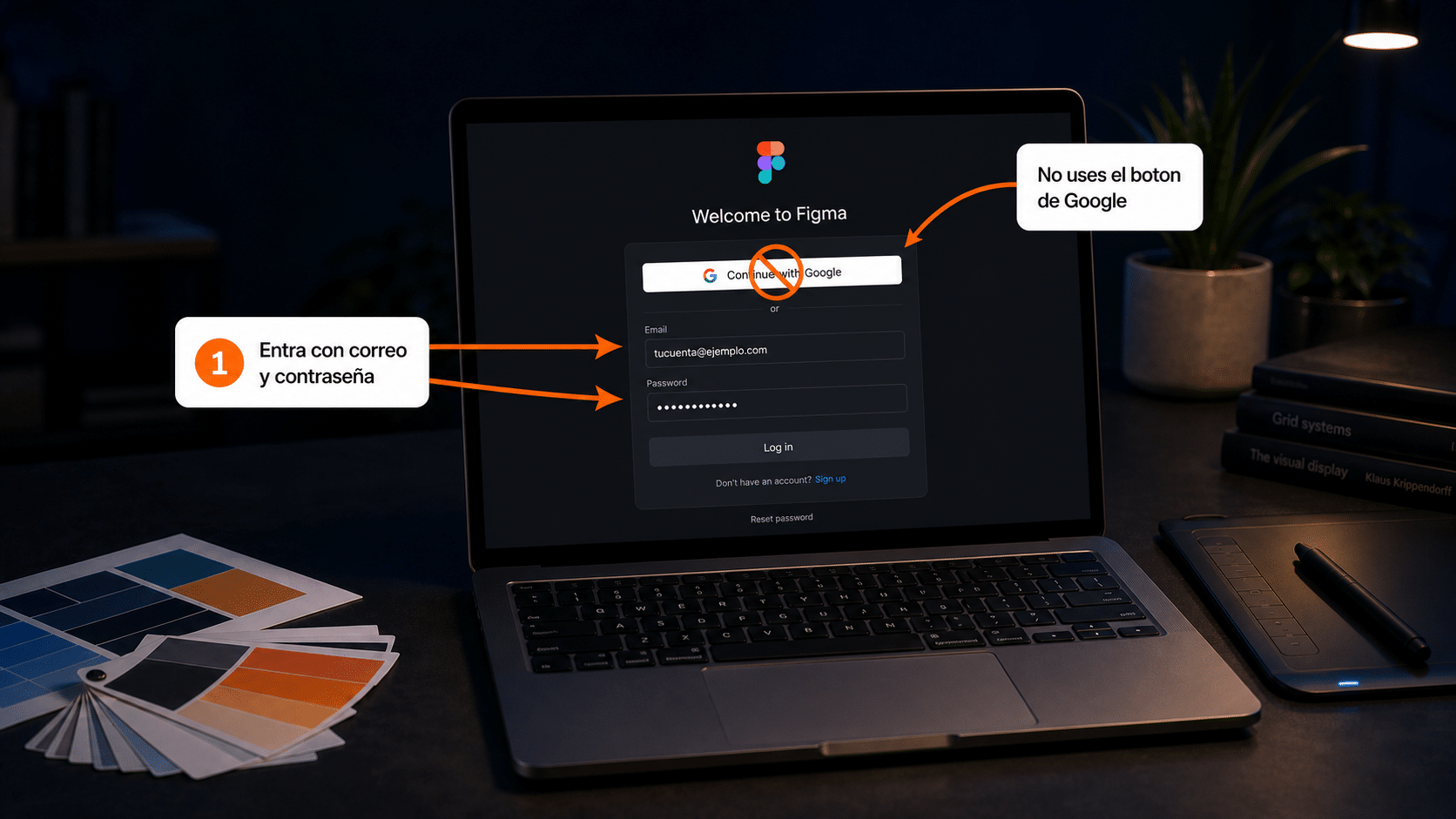 Inicio de sesión de Figma con correo y contraseña, y el botón de Google descartado