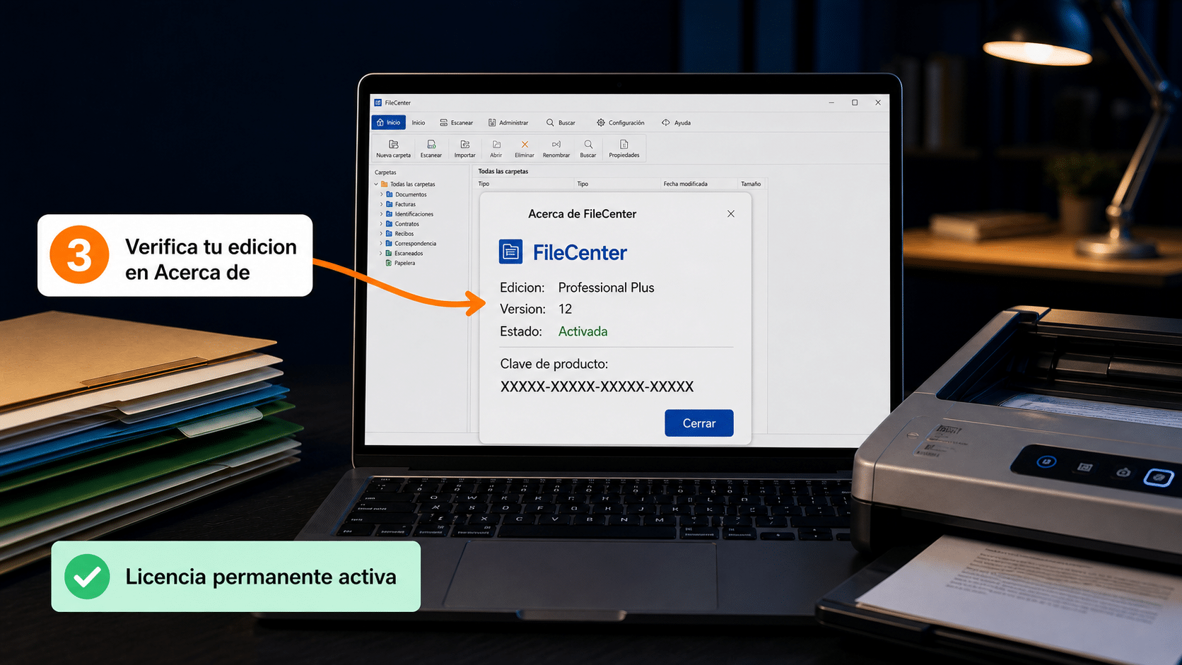 Ventana Acerca de de FileCenter mostrando la edición y la versión activadas