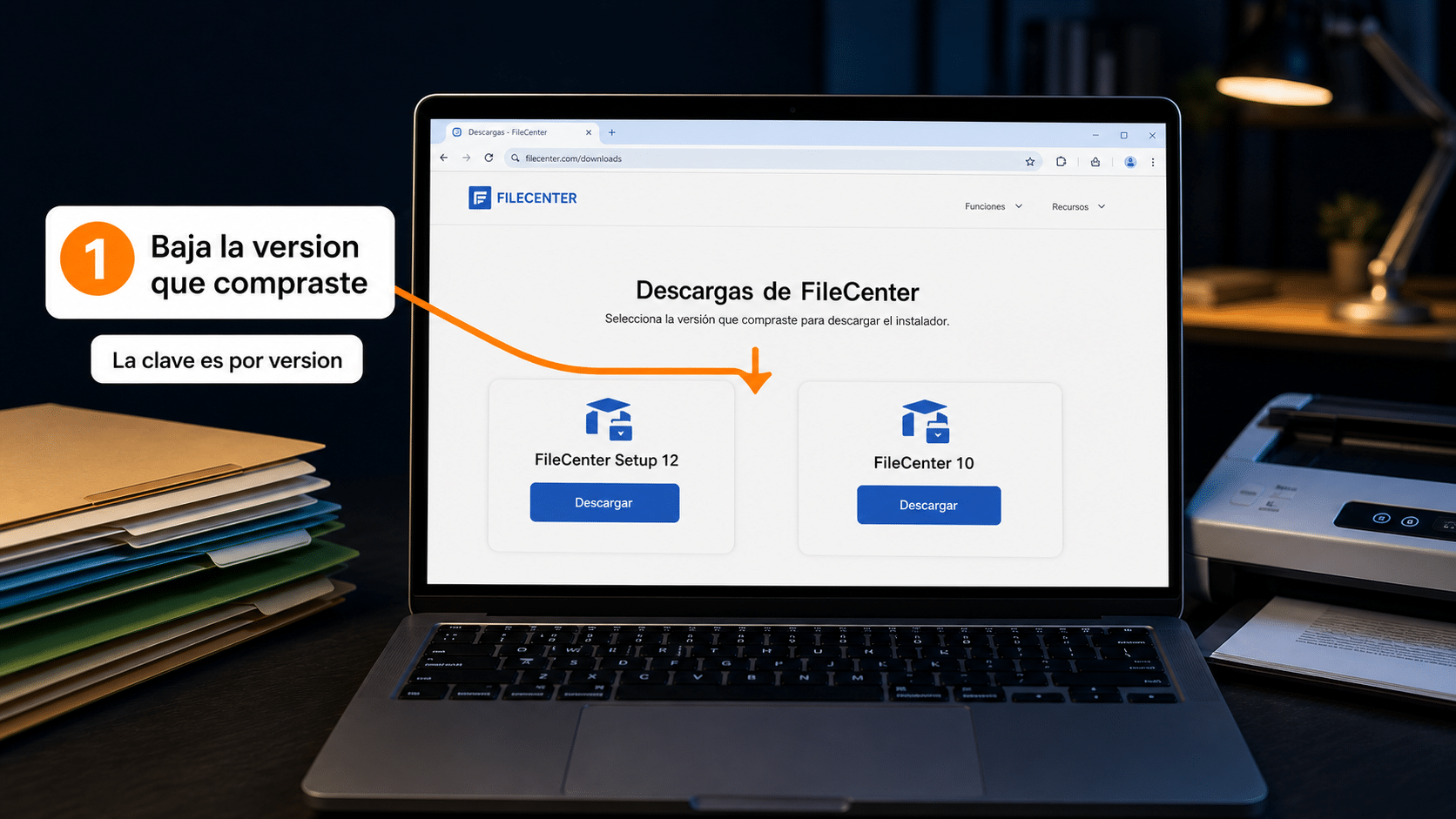 Descargas de FileCenter mostrando la versión 12 y la versión 10 por separado