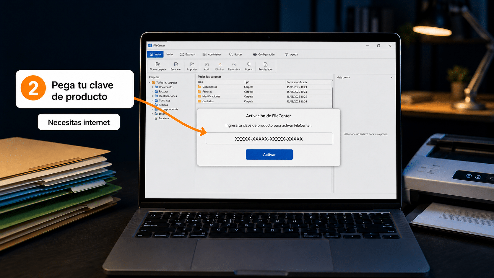 Primer arranque de FileCenter pidiendo la clave de producto