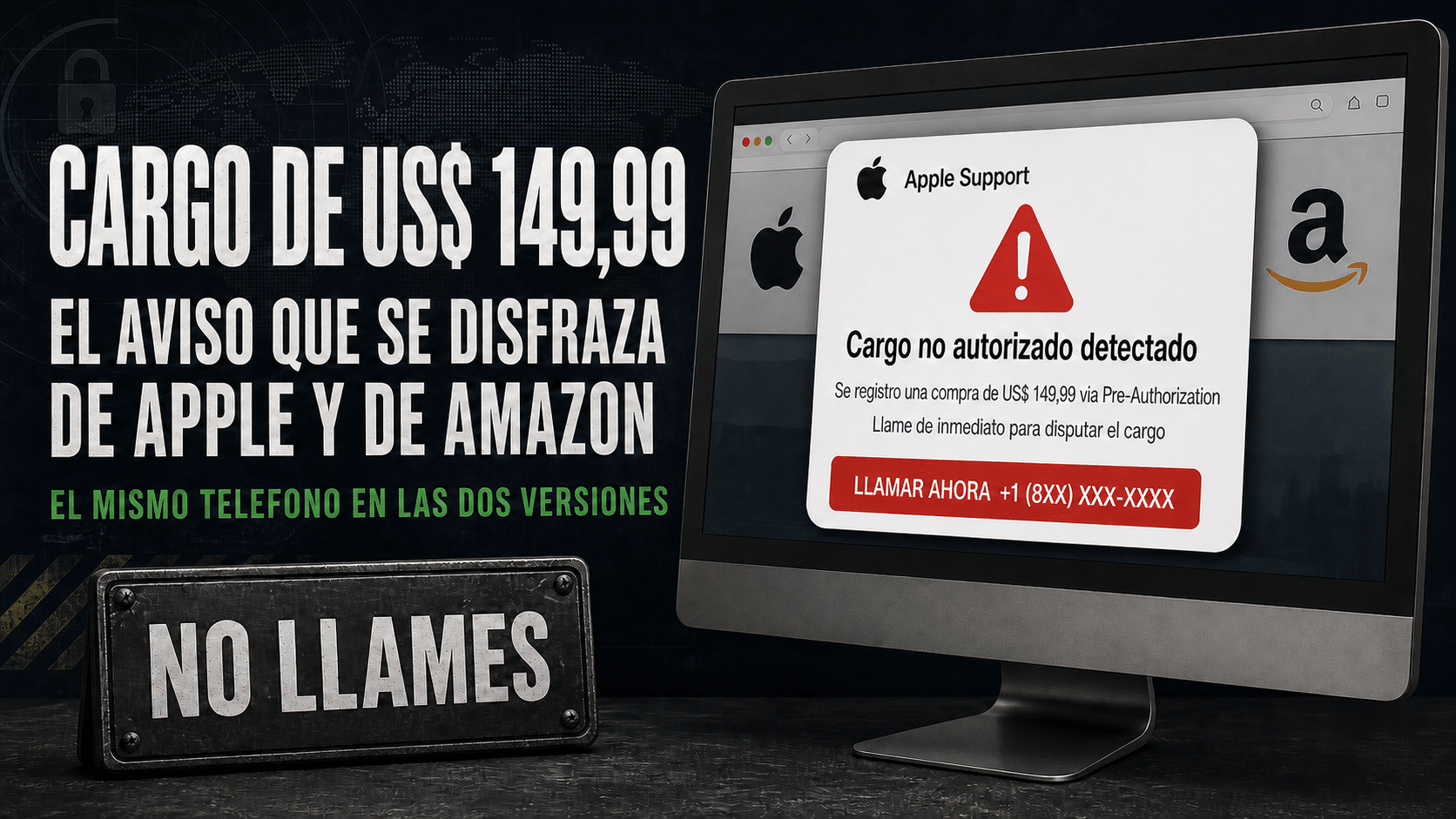 Arte editorial sobre el aviso falso de cargo no autorizado que suplanta a marcas conocidas para que la víctima llame por teléfono