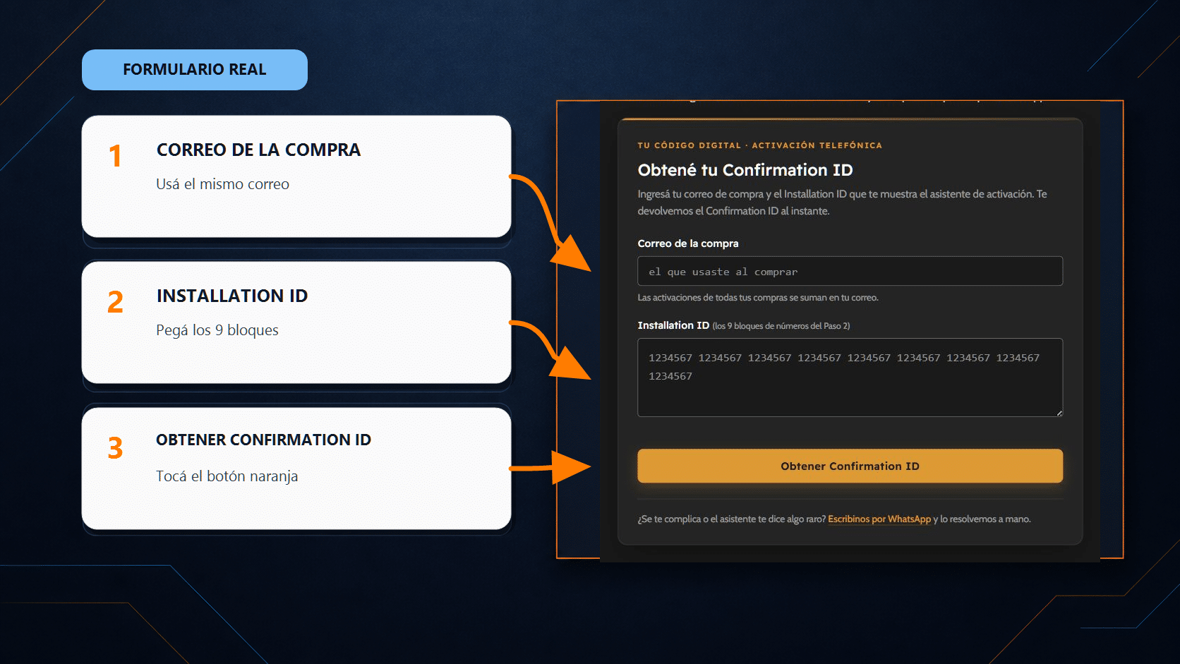 Formulario de activación telefónica de Tu Código Digital con los campos de correo e Installation ID