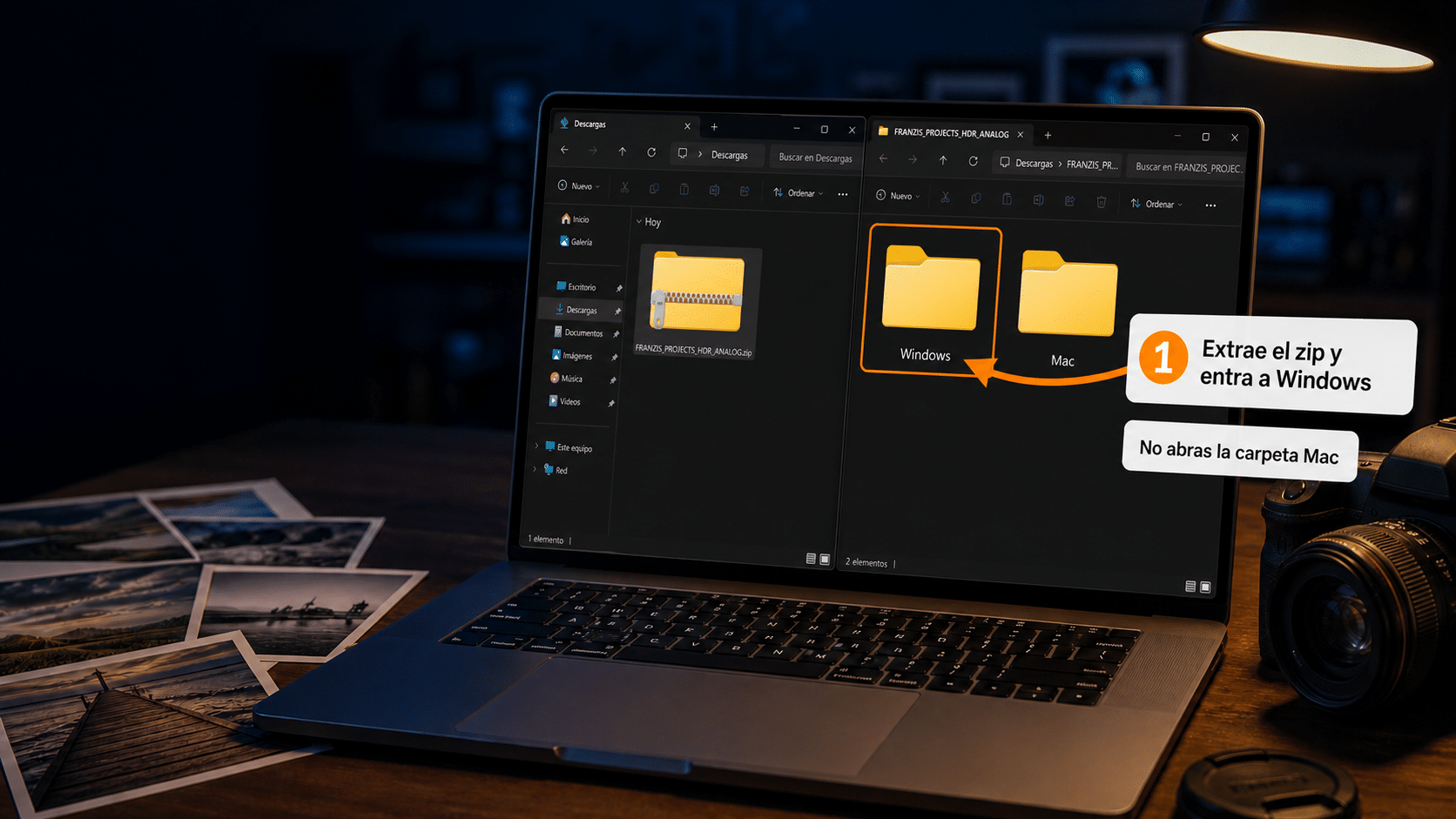 Archivo zip de Franzis extraído mostrando las carpetas Windows y Mac