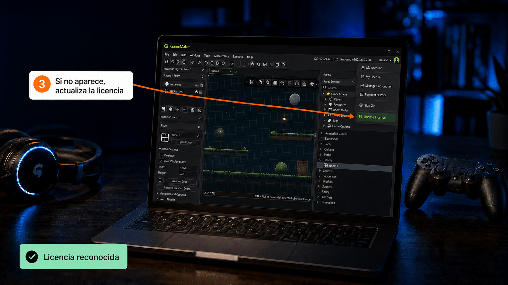 IDE de GameMaker con la opción Update License en el menú de perfil
