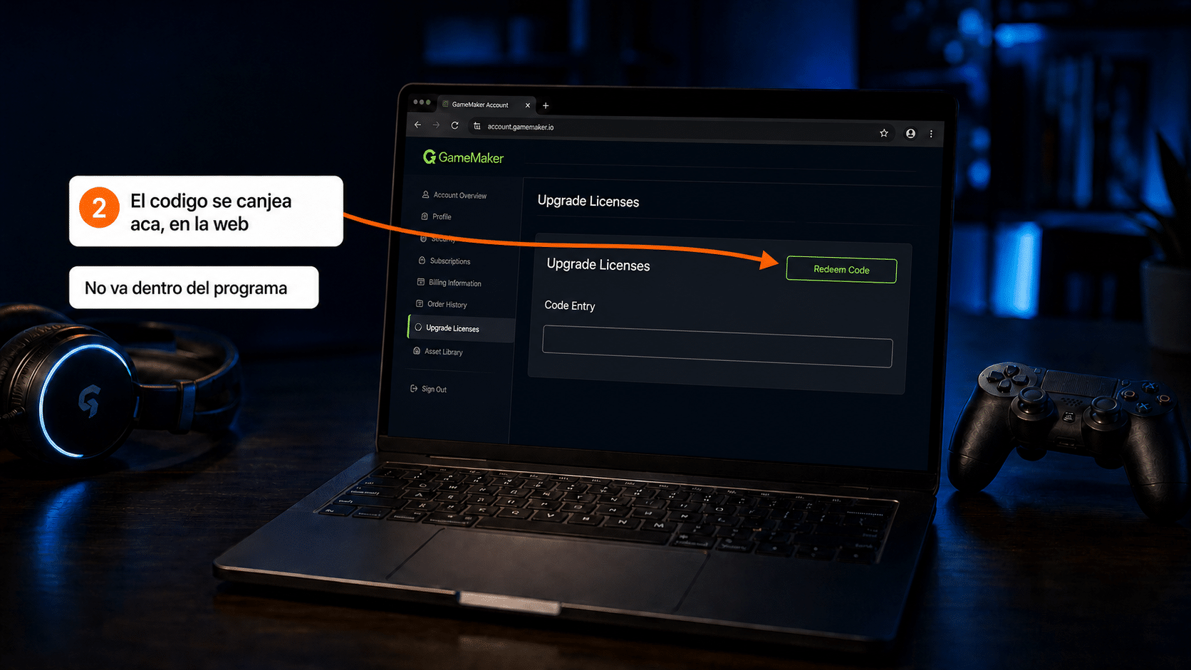 Panel de GameMaker con la tarjeta Upgrade Licenses y el botón Redeem Code