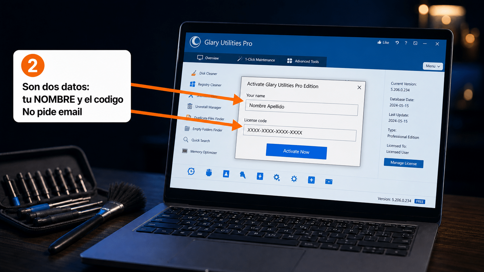 Ventana Activate Glary Utilities Pro Edition con los campos Your name y License code